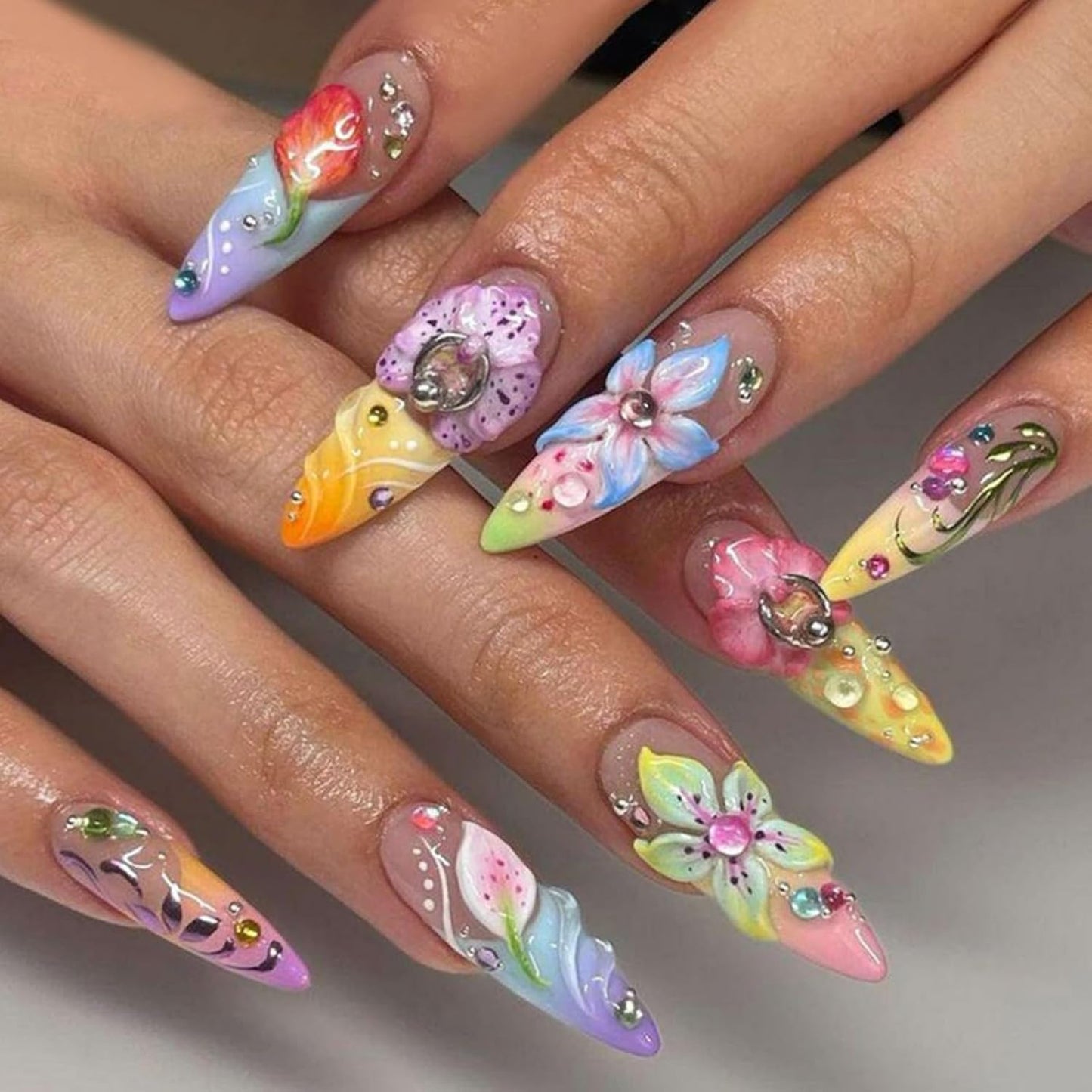 Almond Press-On Nails - Ombre French Tip with Butterfly Designs | 24 Pcs Set for Women