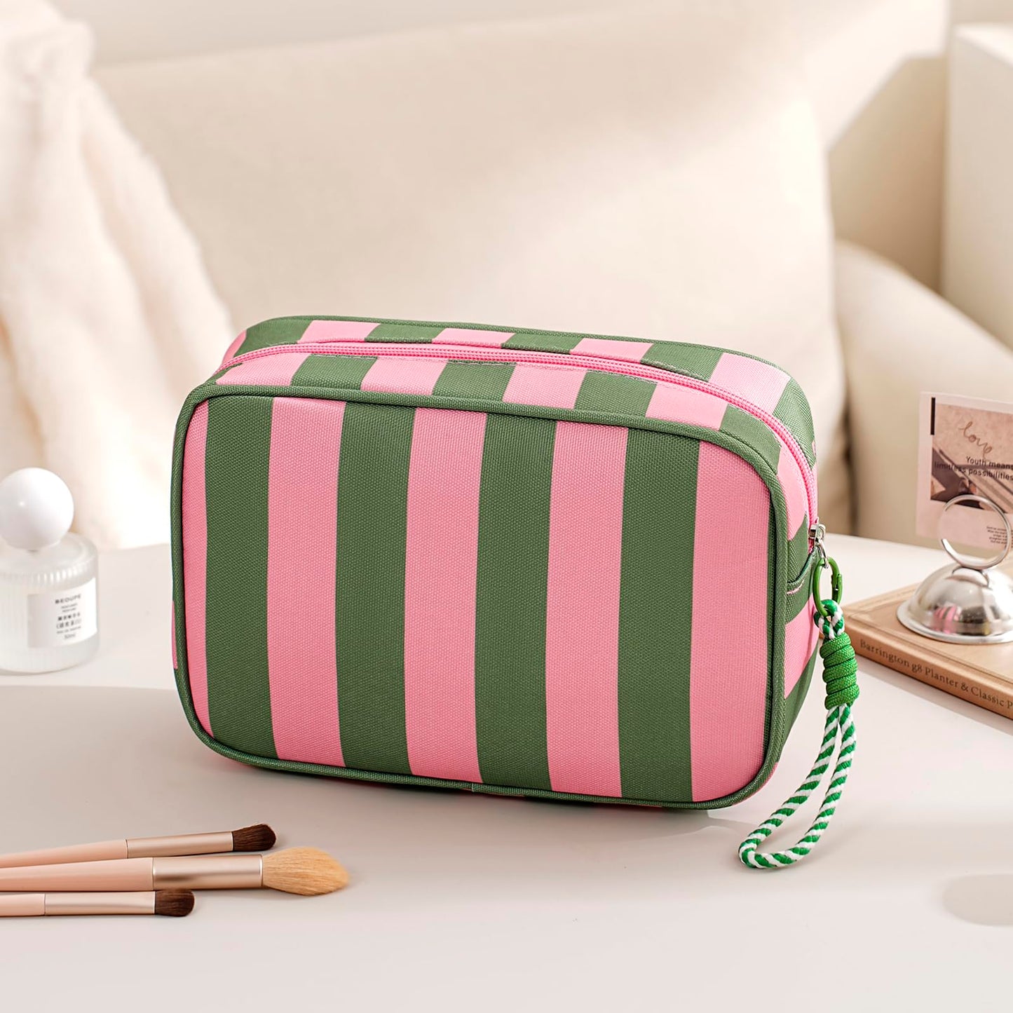 Lestikave Stripe Travel Makeup Bag,Large Aesthetic Zipper Cosmetic Bag, Oxford Coquette Toiletry Bag, Girls Handbags Purses, Accessories Storage Bag for Women Girls(02 Pink&Green)