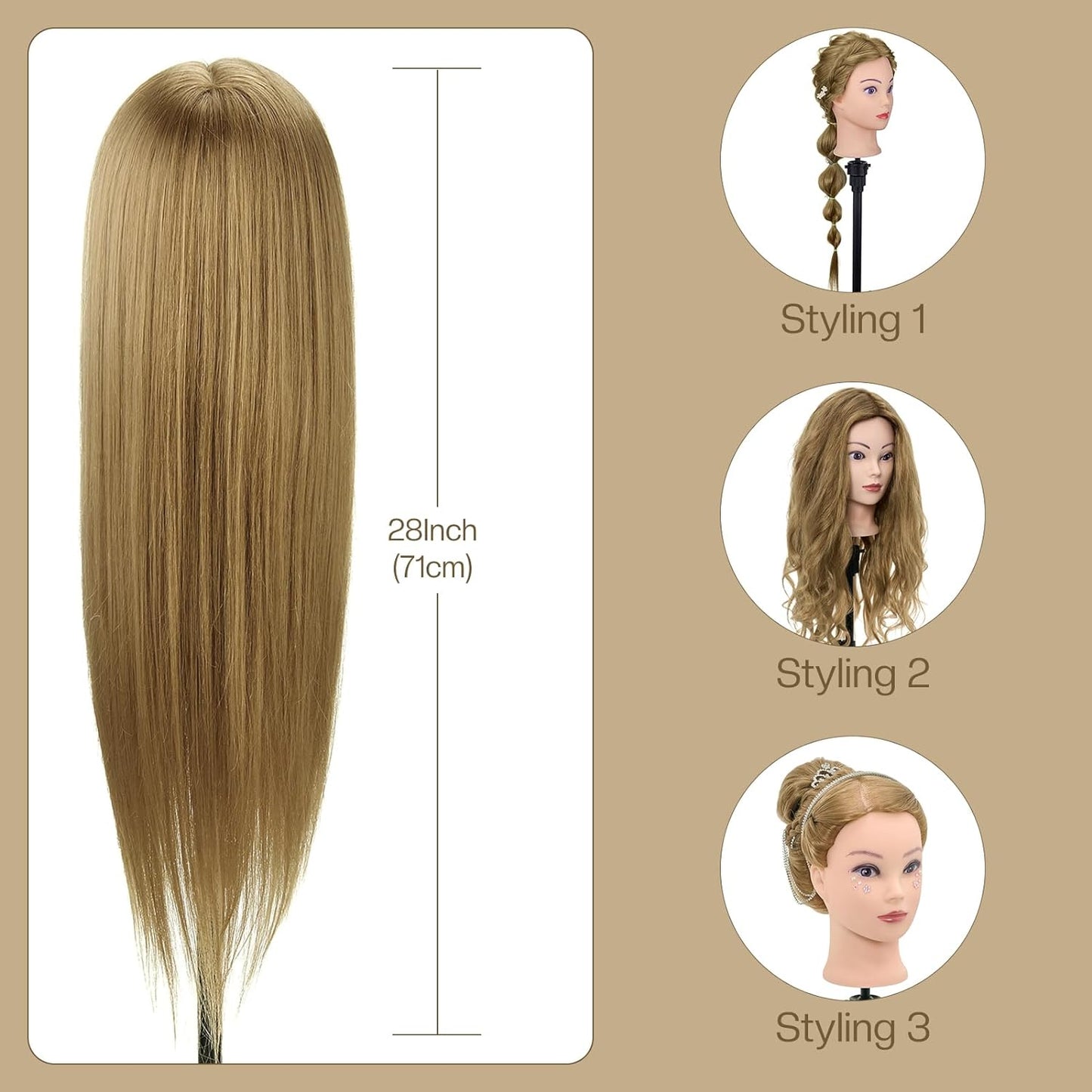 Human Hair Mannequin Head - 28” Cosmetology Training Doll for Hair Styling | 80% Real Hair with Table Clamp