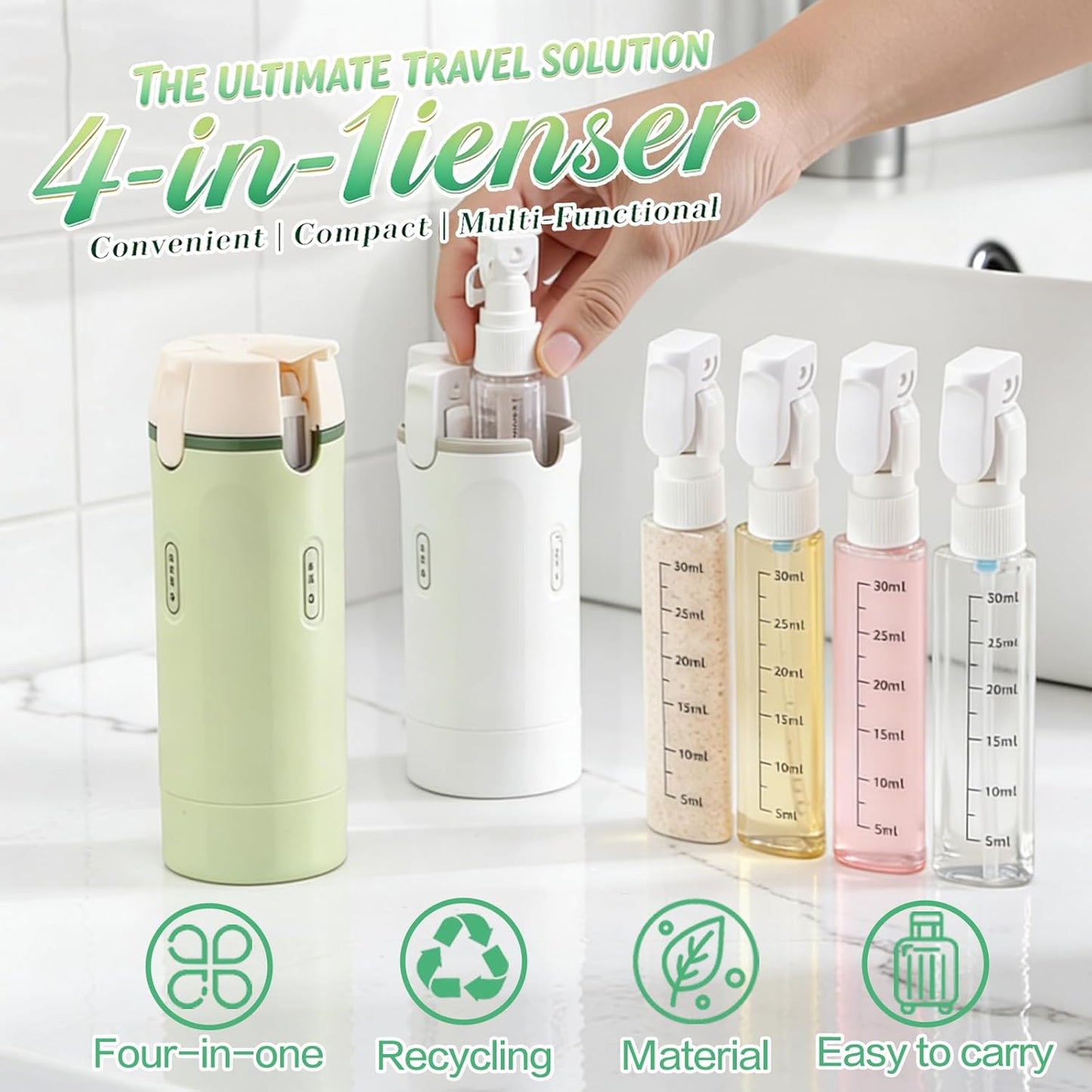 Travel Dispenser Bottle - 4-in-1 Leak-Proof Toiletries Container | Portable Refillable for Shampoo, Lotion, Creams, Body Wash (White)