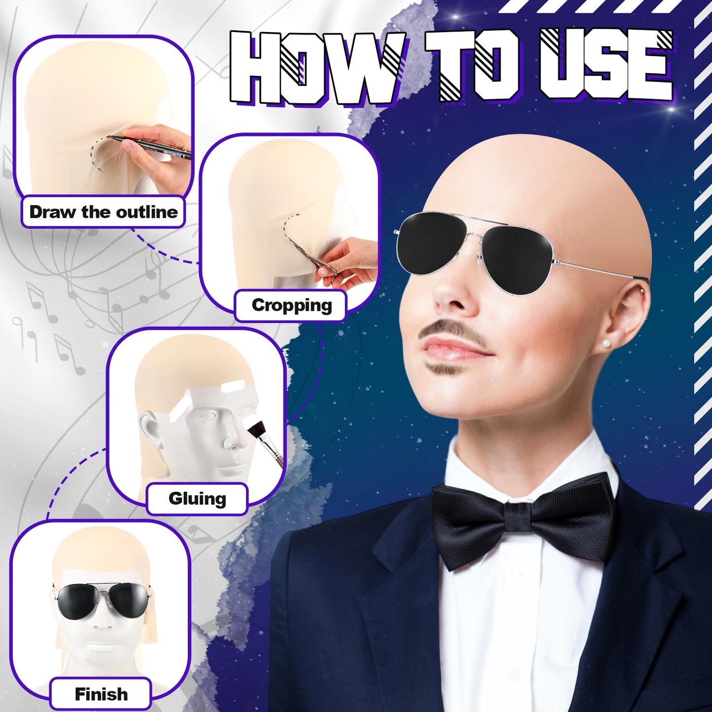 Mepase 6 Pcs Halloween Bald Head Cap with Glasses Bald Wig Cap Party Costume Accessories for Adults Women Men Cosplay(Smooth,Classic)
