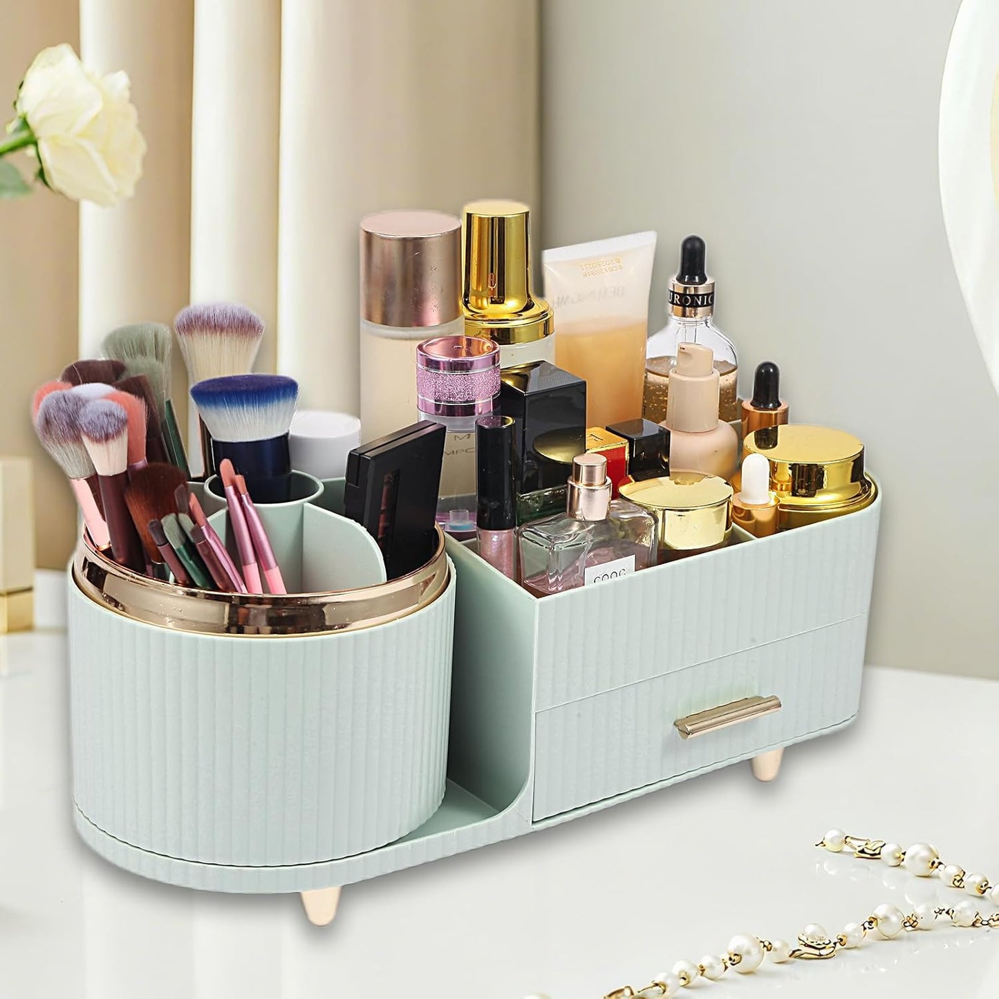Makeup Organizer - 360° Rotating Brush Holder with Drawer | Large Capacity Skincare & Cosmetic Display - Green