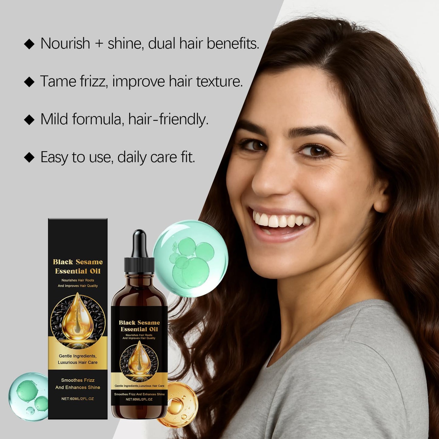 Black Sesame Hair Growth Oil, Volumizing and Moisturizing, Deep Nourishing Treatment for Dry Damaged Hair, Fuller Hair, Reduces Hair Loss & Breakage, All-Natural Formula, 2 fl oz