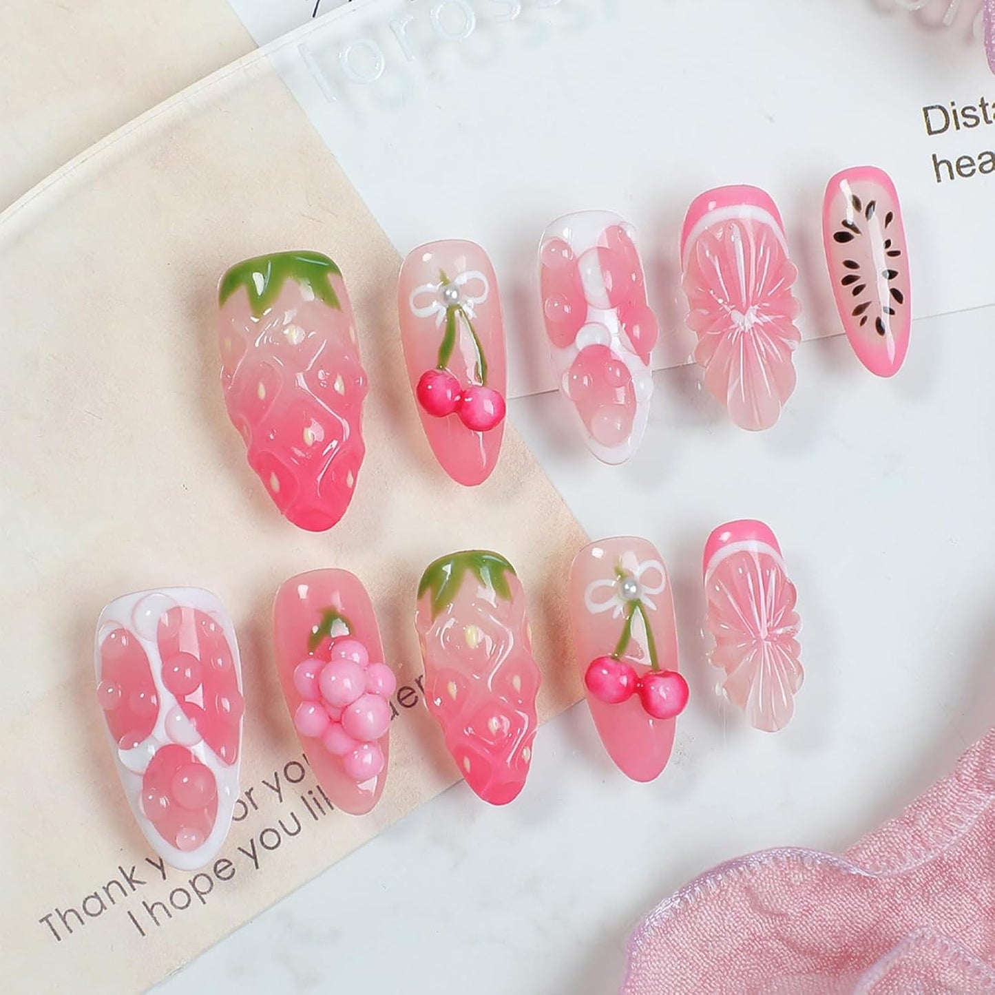 Medium Almond French Tip Press-On Nails - 3D Hibiscus & Gold Starfish Design | 24 Pcs Glossy Summer Acrylics