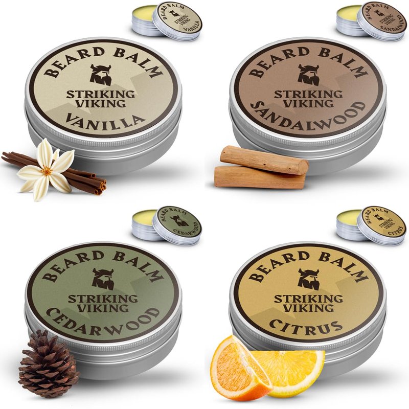 Striking Viking Beard Balm for Men - Pack of 4, 1 Oz Tins, Assorted Scents - Hydrating Balm & Moisturizer - Beard Butter Variety Pack