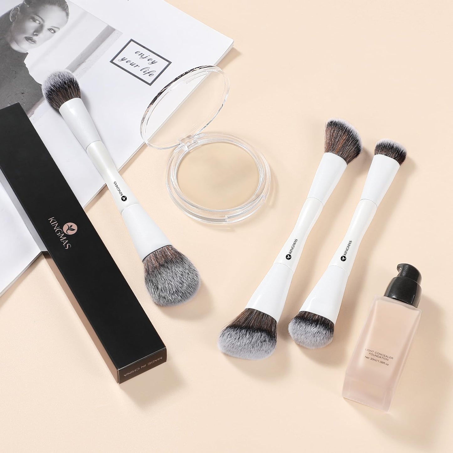 3-Piece Foundation Makeup Brush Set - Double-Ended Kabuki & Contour Brushes for Liquid, Cream, Powder | Versatile Face Makeup Tools