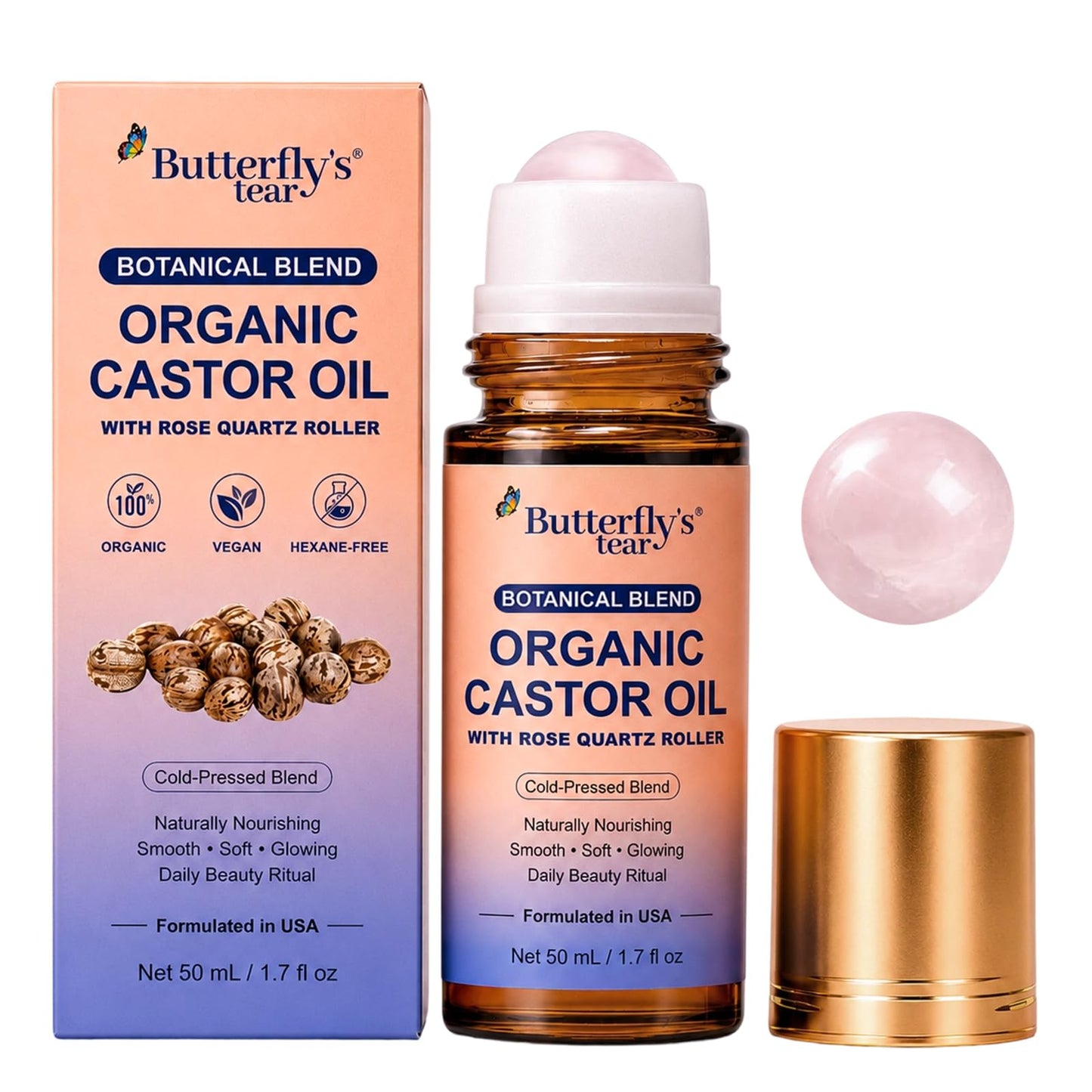 BUTTERFLY'S TEAR Organic Castor Oil with Rose Quartz Roller,100% Pure Cold-Pressed, Organic Castor Oil Roll On Rose Quartz,Hexane-Free,50Ml