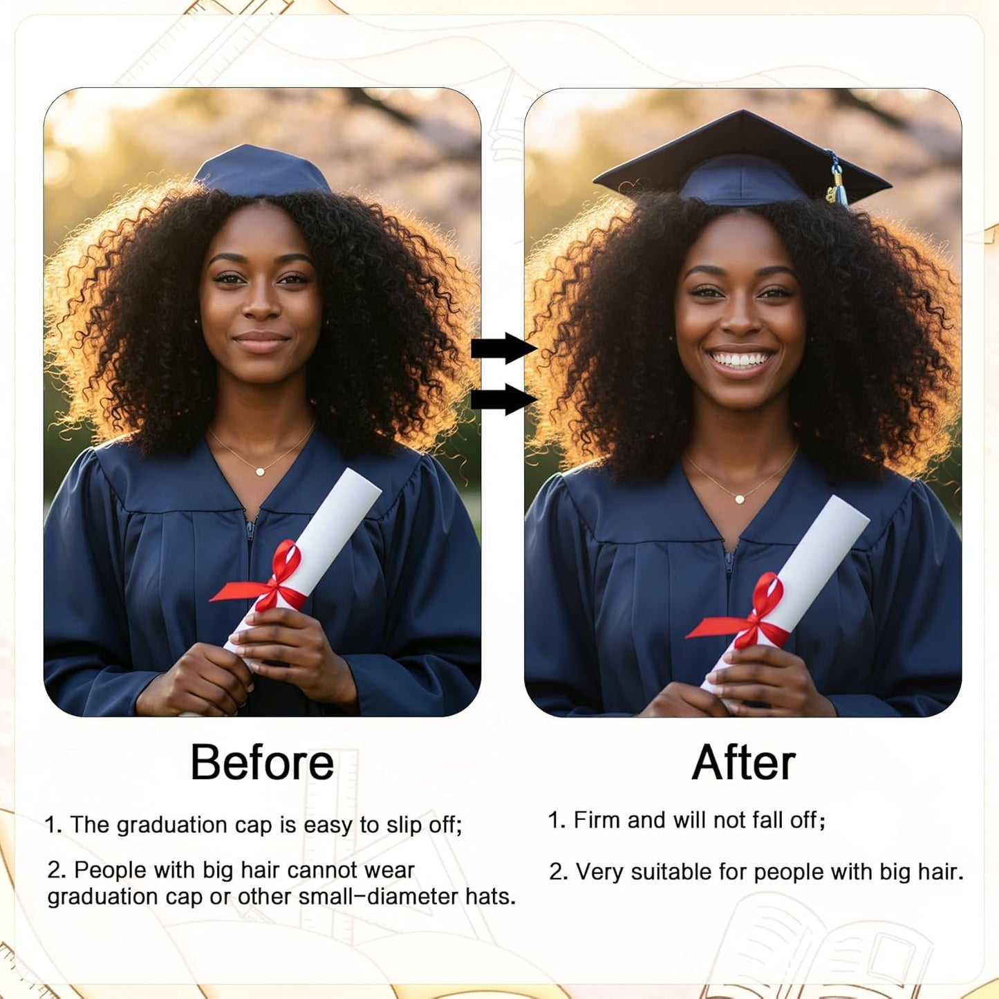Graduation Cap Headband - Black Anti-Fall Hairband with Adhesive Insert | Securely Hold Caps & Hairstyles