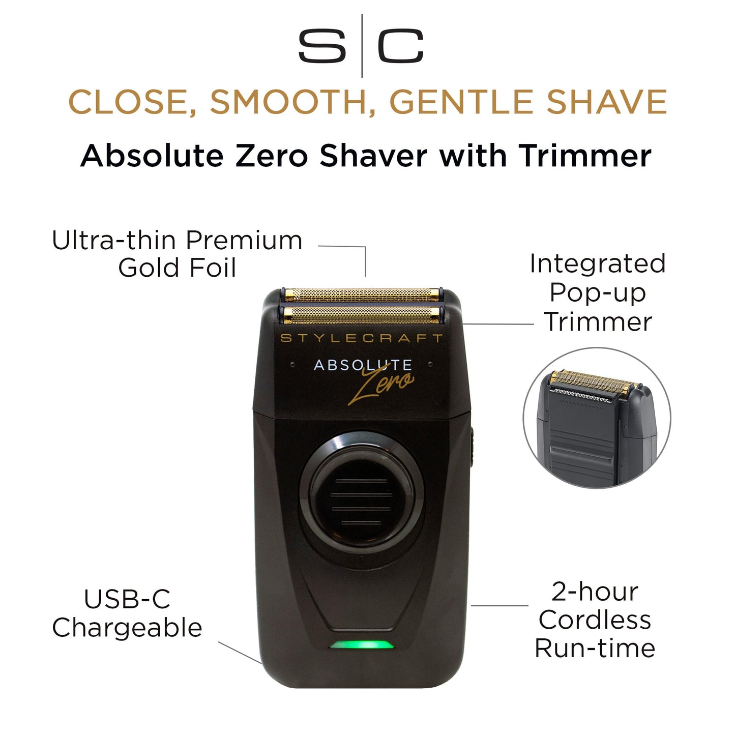 StyleCraft Absolute Zero Foil Shaver for Men, Professional Electric Shaver, Close Smooth Shave with Precision Trimmer, Cordless USB-C Rechargeable, Lightweight Travel-Friendly