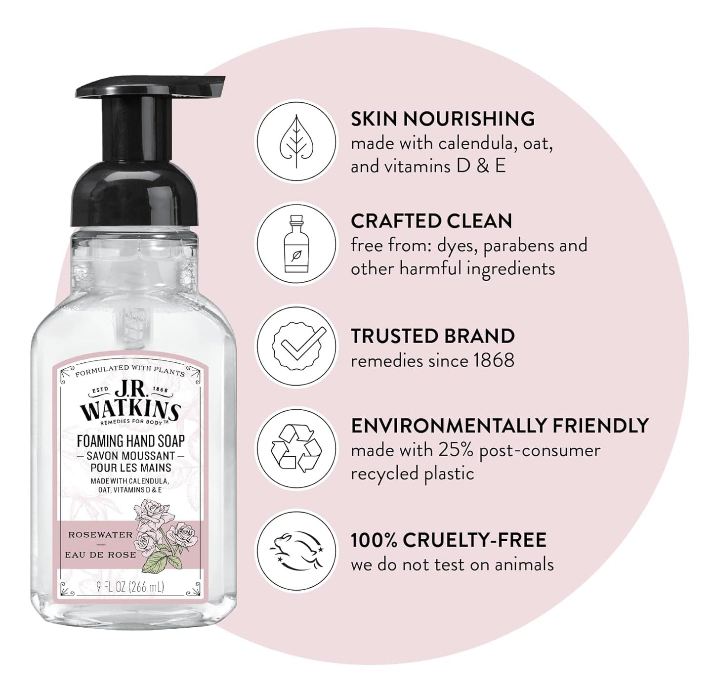J.R. Watkins Moisturizing Foam Hand Soap Dispenser 3 Pack, Rose, 9 fl oz