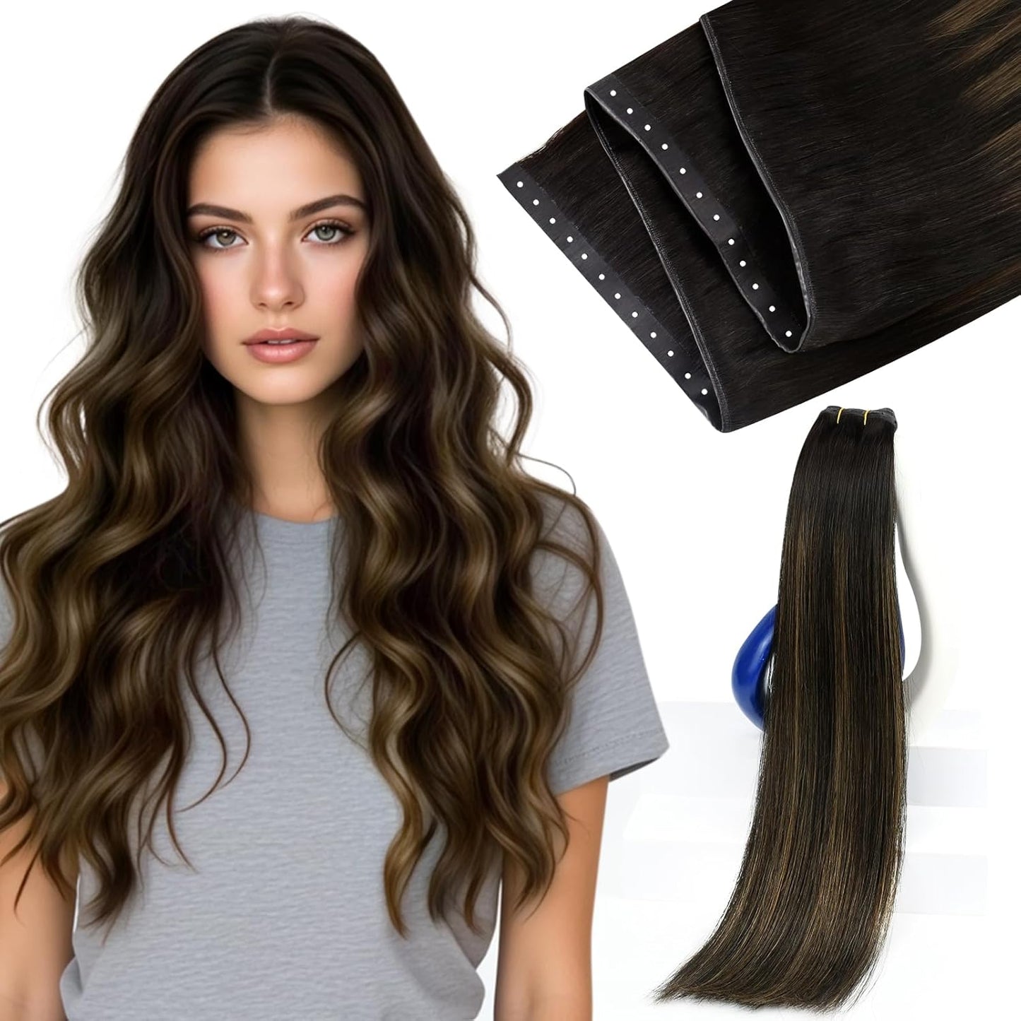 Butterfly Genius Weft Hair Extensions - 18 Inch, 100G, Micro Hand-Tied PU, Darkest Brown Balayage & Light Brown