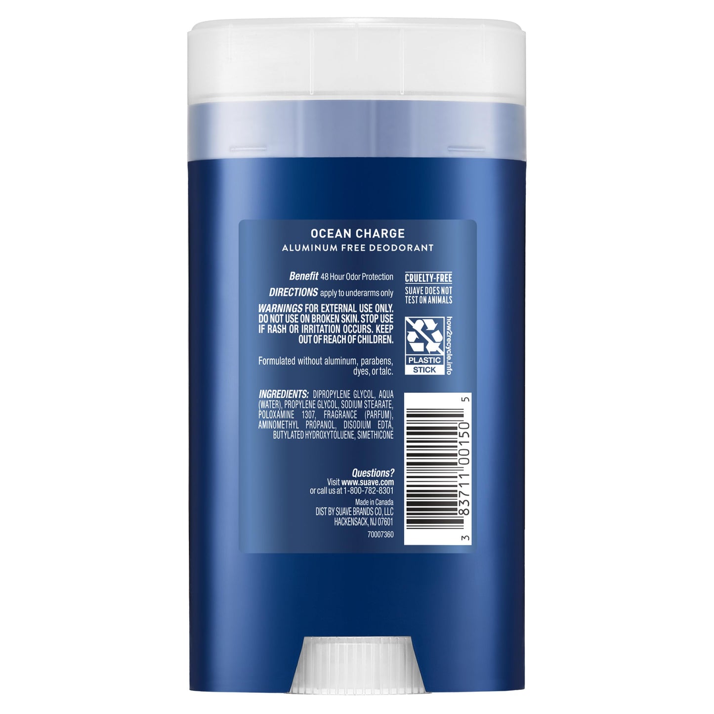 Suave Men Ocean Charge Antiperspirant Deodorant Stick, Aluminum Free, for 48hr odor & wetness protection, 2.7 oz, 12 pack