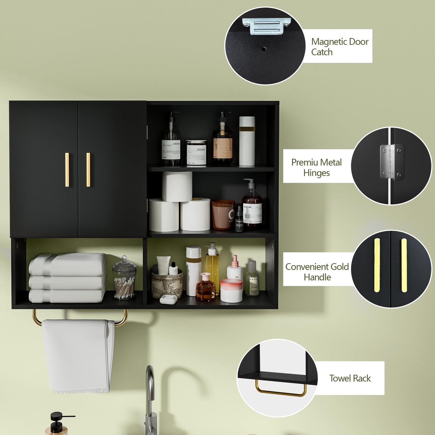 Tltaroni Bathroom Wall Cabinet Wood Large Wall Mounted Medicine Cabinet with 2 Doors and 4 Open Shelves Over Toilet Storage Cabinet Organizer with Towel Bar, Black