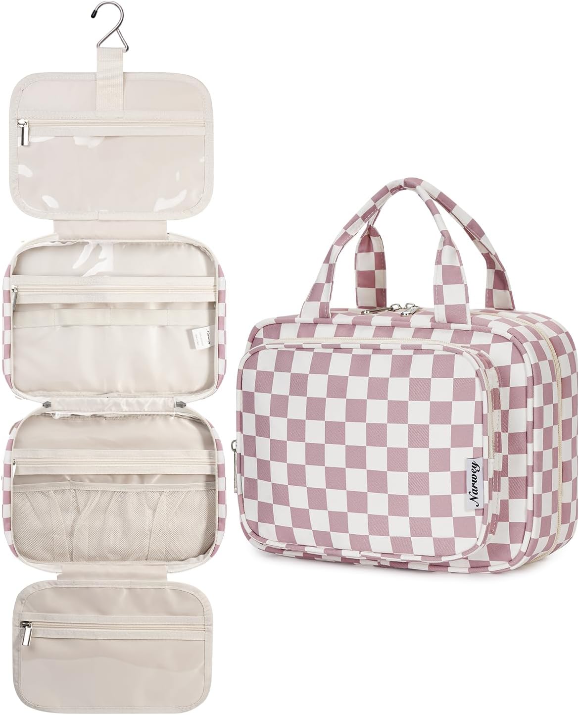 Hanging Toiletry Bag for Women - Travel Makeup Organizer with Light Checkerboard Design | Medium Size