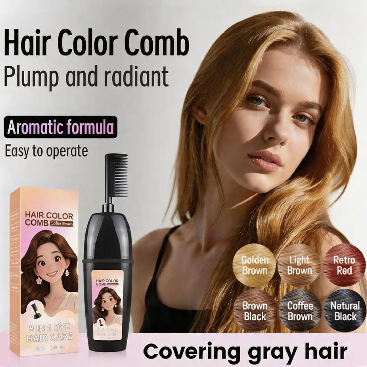 3-In-1 Herbal Hair Coloring Comb | Easy Hair Coloring At Home With Built-In Brush | Retro Red 200ml – No Mix, Ammonia-Free, Covers Grays & Nourishes With Argan Oil & Ginseng (Light Brown)