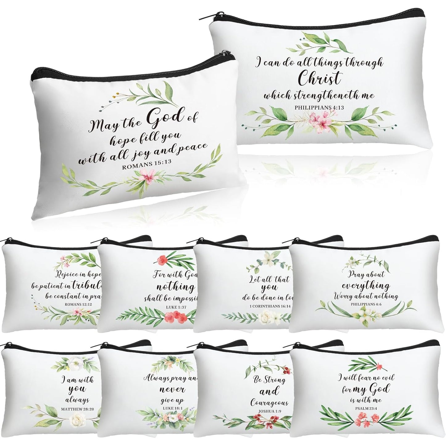 Inspirational Cosmetic Bag Set - 10 Pcs Religious Makeup Pouches for Women | Wildflower & Beige