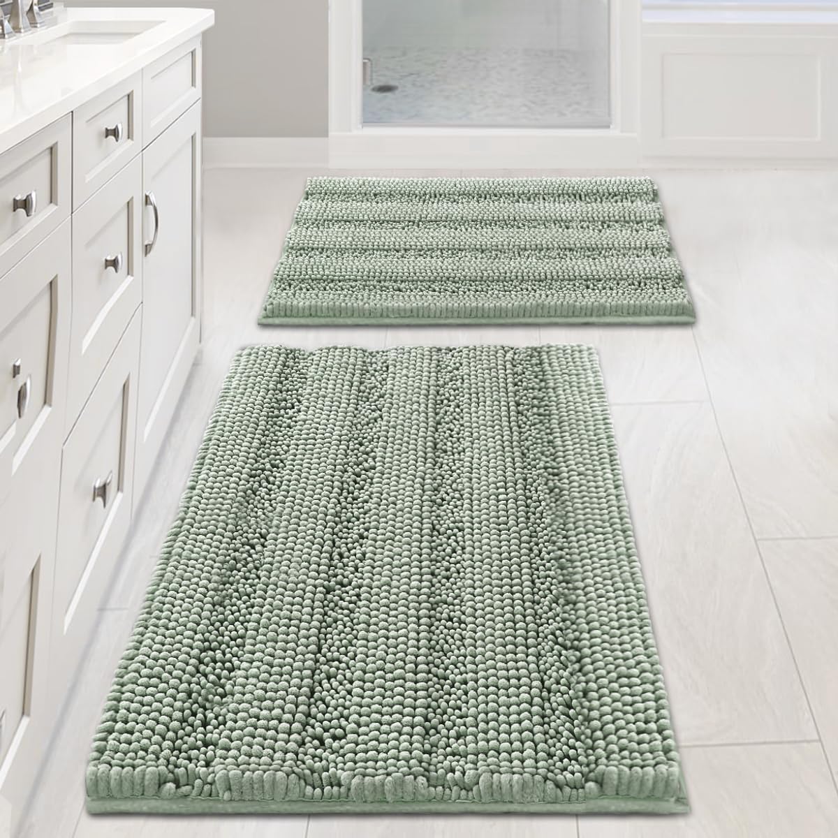 Sage Bathroom Rugs Set - Extra Thick Chenille Shaggy Mats | Non-Skid Bath Mats (32"x20" & 24"x17")