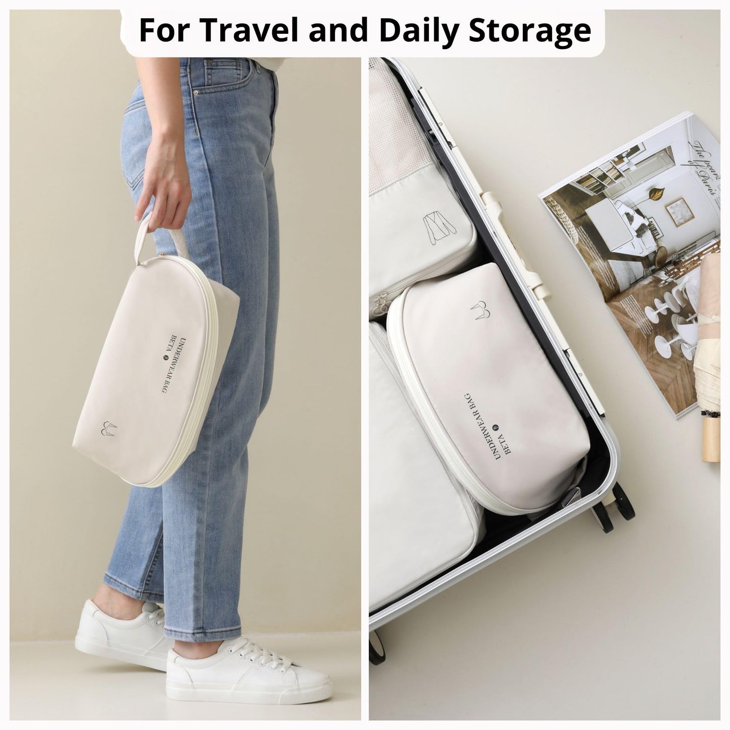 Tianzong Women's Travel Underwear Organizer Bag, Large Capacity Packing Cube for Bras, Panties and Socks (XL Beige)