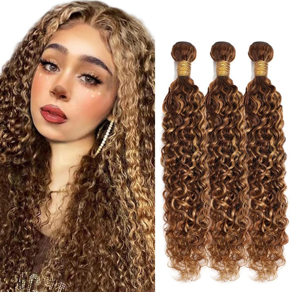 20 22 24 Inch P4/27 Blonde Bundles Human Hair Water Wave 3 Bundles Brazilian Remy Hair 50 Grams/Bundle 10A Grade Unprocessed Virgin Hairs Highlight Blonde Water Wave Bundle Weaves Extensions