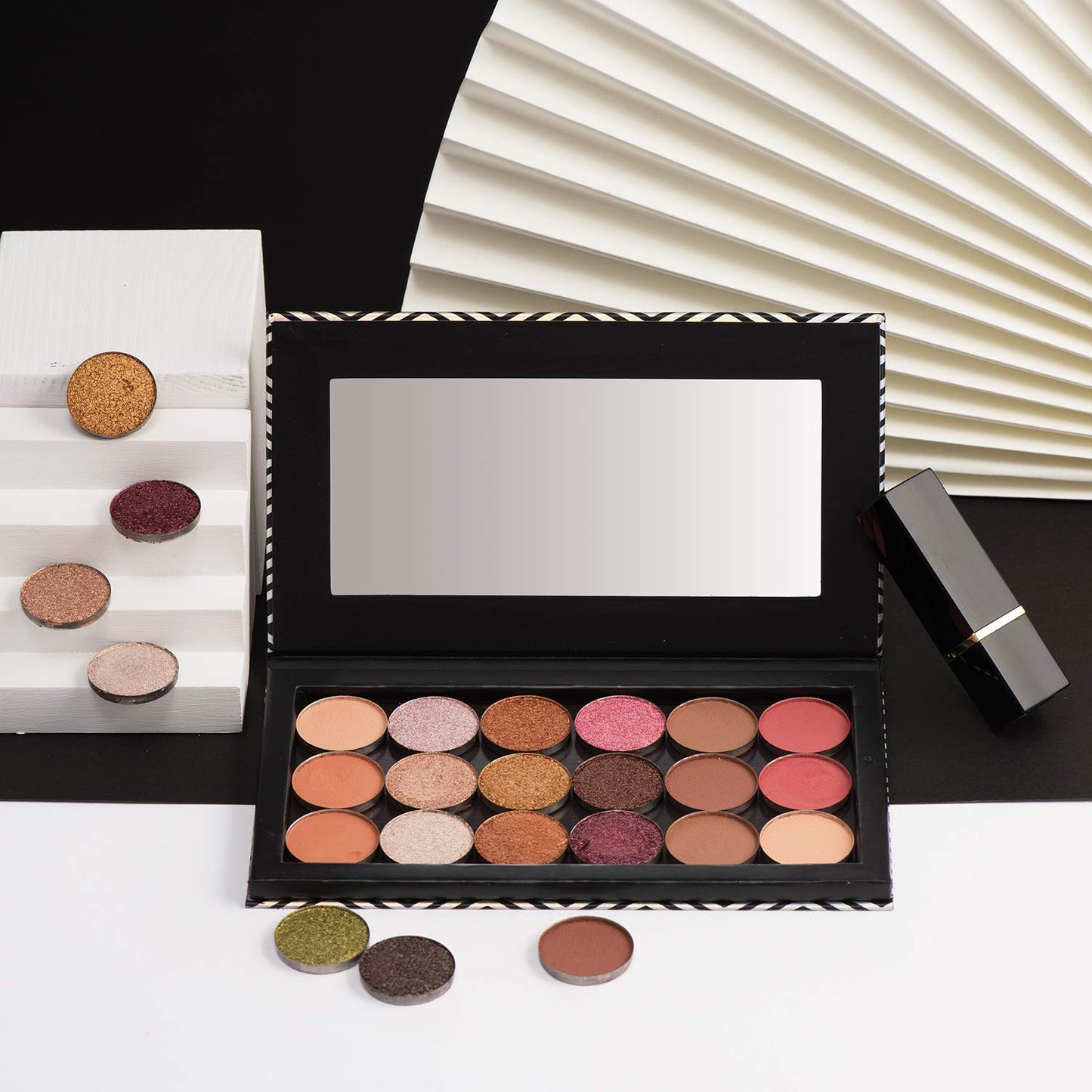 Magnetic Makeup Palette with Mirror - Black Empty Palette & 20 Adhesive Metal Stickers for Eyeshadow, Lipstick, Blush