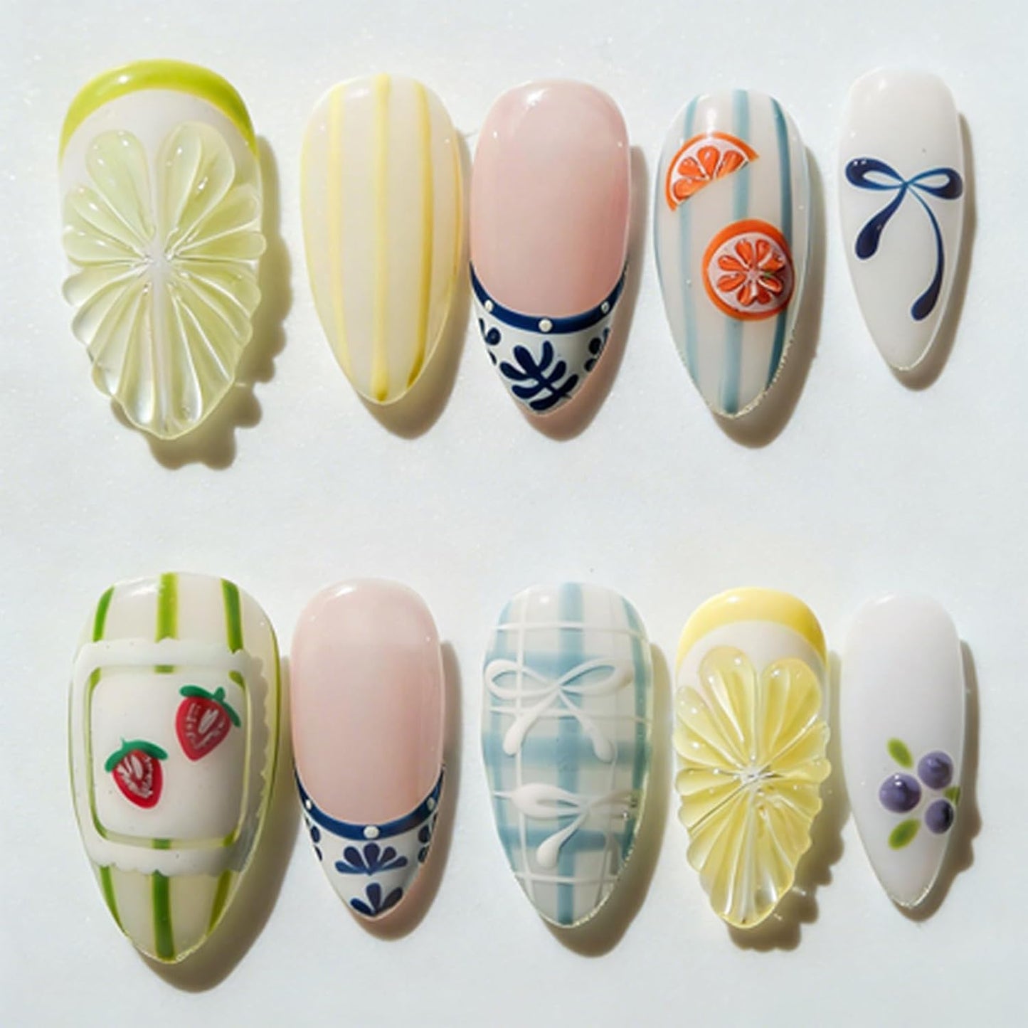 Almond Press-On Nails - White French Tip with 3D Gold Bow | Reusable Acrylic Full Cover, 24 Pcs