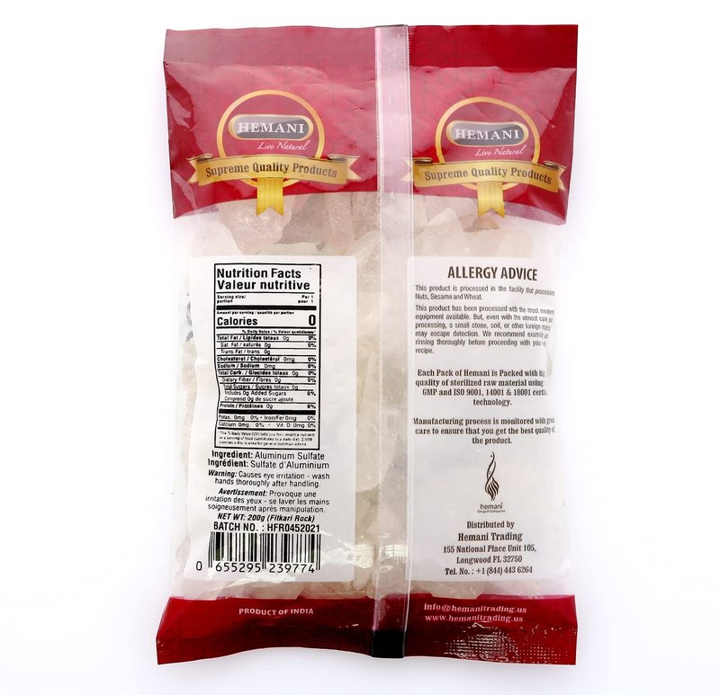 HEMANI White Alum Crystal Rock / Potassium / Phitkari I 100% Fitkari - Natural Piedra de Alumbre Alum Stone - 200g (7.05 oz) - Used for Cooking, Pickling, Removes the silt & mud in water - Helps with razor burn - Natural Skin Protectant