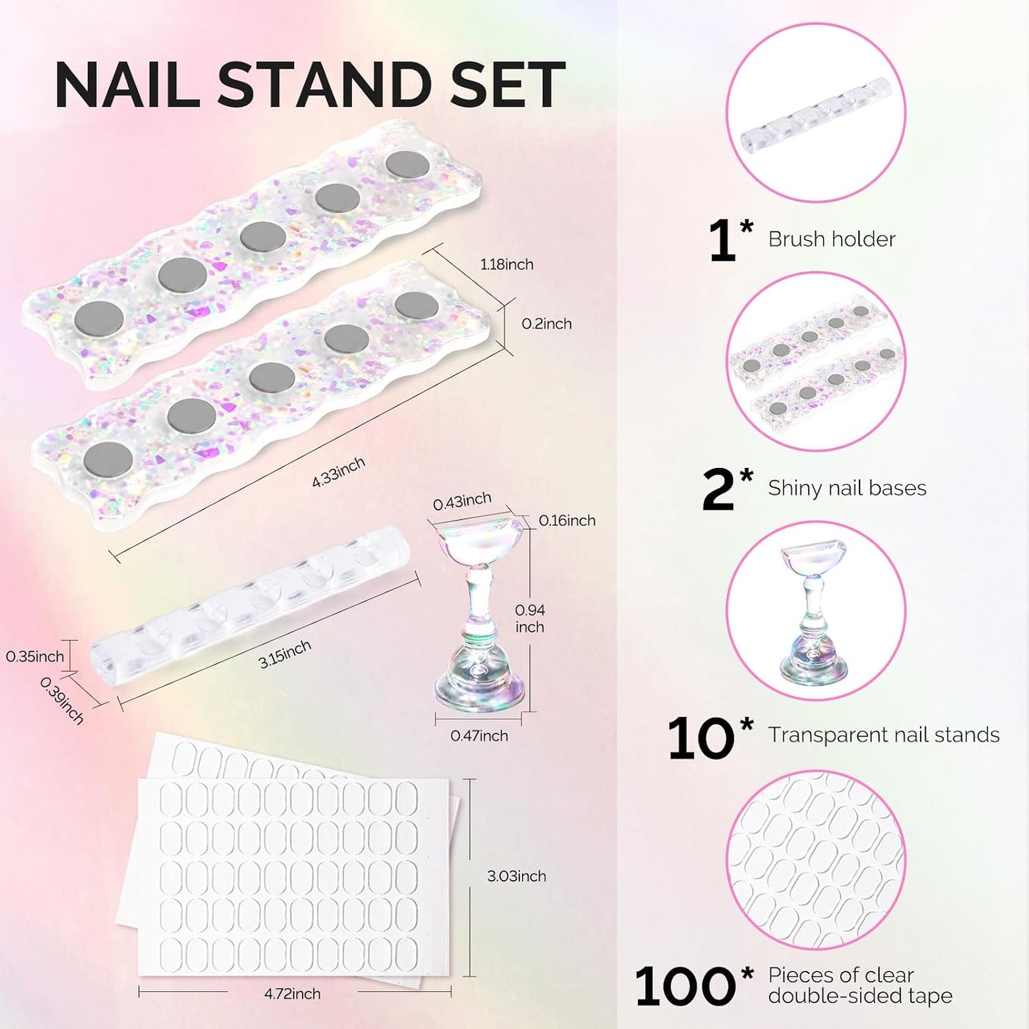 MelodySusie Nail Stand - White Shiny Acrylic Display with Brush Holder & 100 Reusable Double-Sided Tapes | Perfect for DIY Nail Art