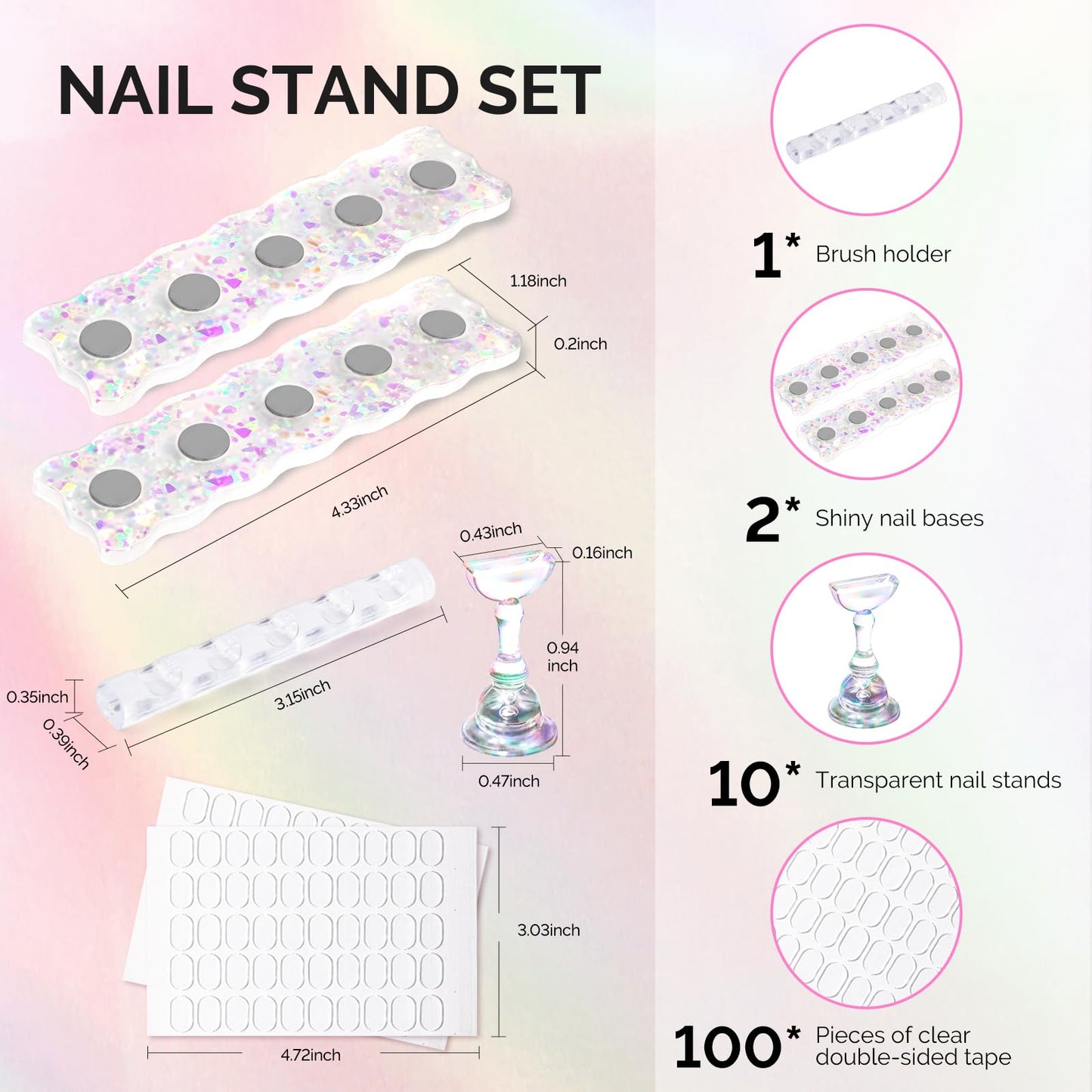 MelodySusie Nail Stand for Press Ons, White Shiny Acrylic Magnetic Base for Painting Display with Brush Holder and 100 Pcs Reusable Double-Sided Tape for Home DIY Salon Supplies