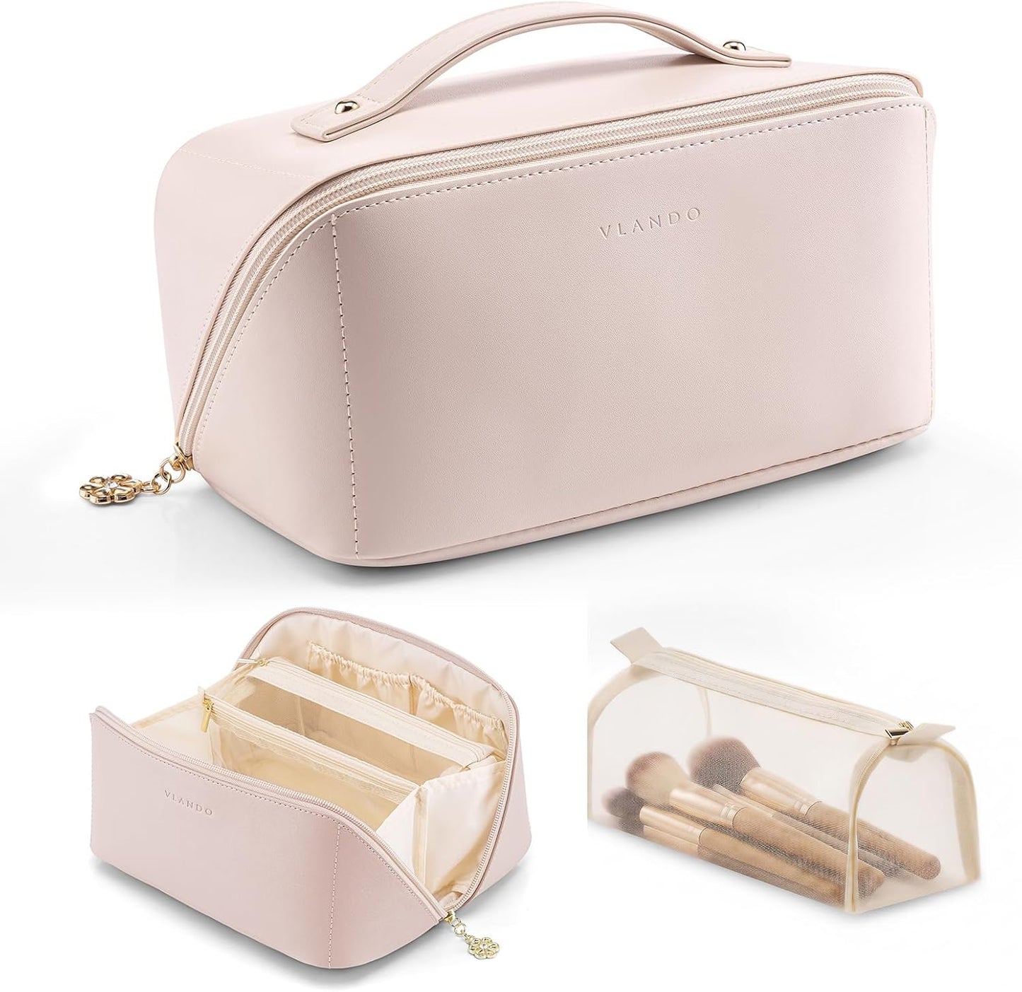 VLANDO Makeup Bag - Travel Toiletry & Cosmetic Bag for Women | PU Leather, Portable Design - Toffee
