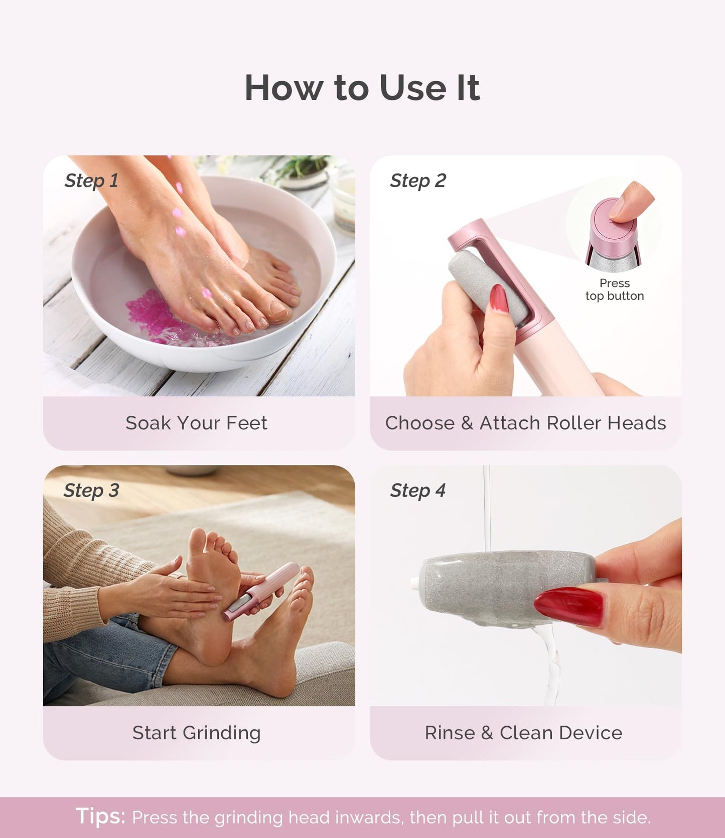 MelodySusie Electric Callus Remover for Feet, PC800G Waterproof Rechargeable Pedicure Tool with Light & 3 Different Grits Roller Heads & Adjustable Speeds, for Dead Skin & Cracked Heel (Pink Rose)