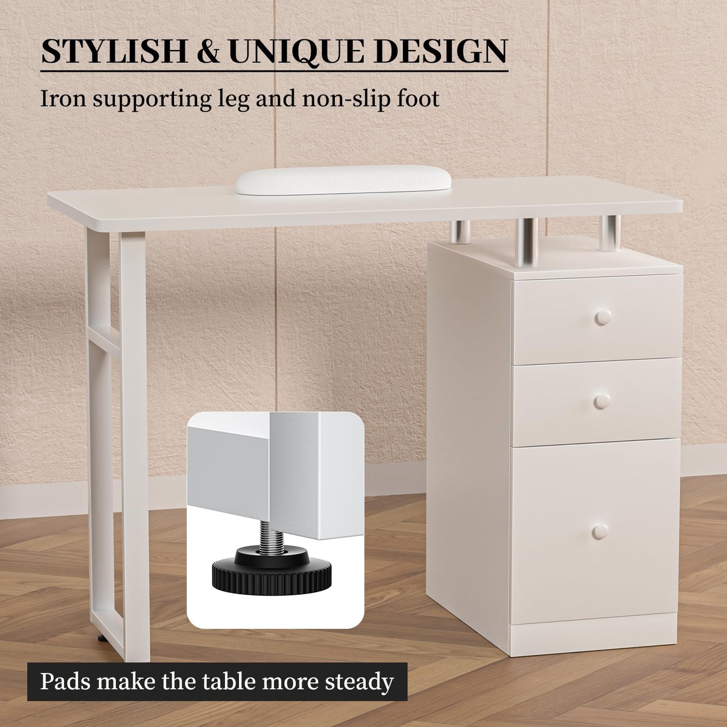 Charmmade Nail Desk, White Manicure Table with Wrist Cushion
