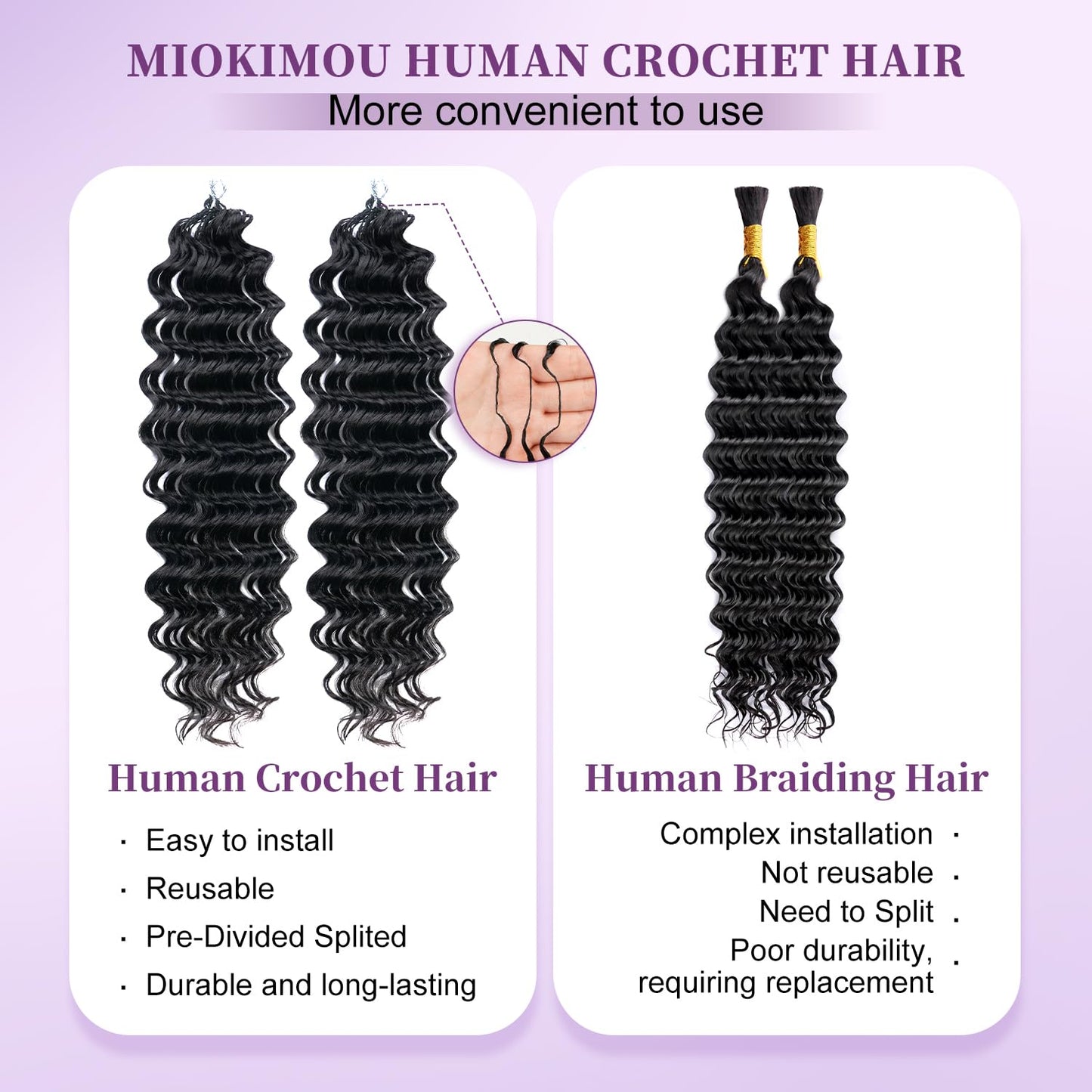 Miokimou Feather Crochet Human Hair 16Inch Deep Wave Crochet Hair for Black Women Knotless Pre-separated 50 Strands Invisible Miracle Knots Crochet Human Hair (1–2Pack Fill-In, 3–4Pack Fuller Look)
