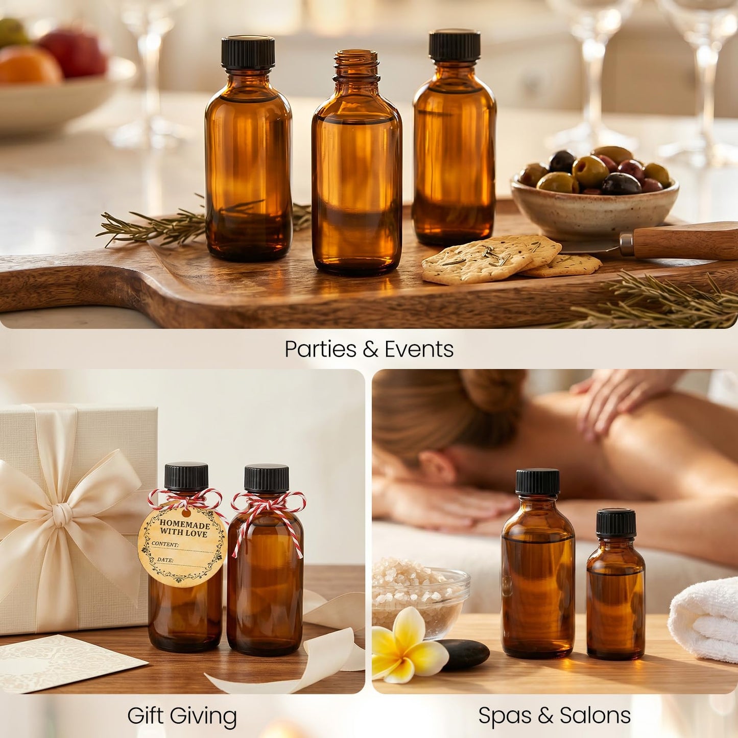 TBWIND 54 Pack 2oz Amber Glass Boston Round Bottles with Airtight Caps