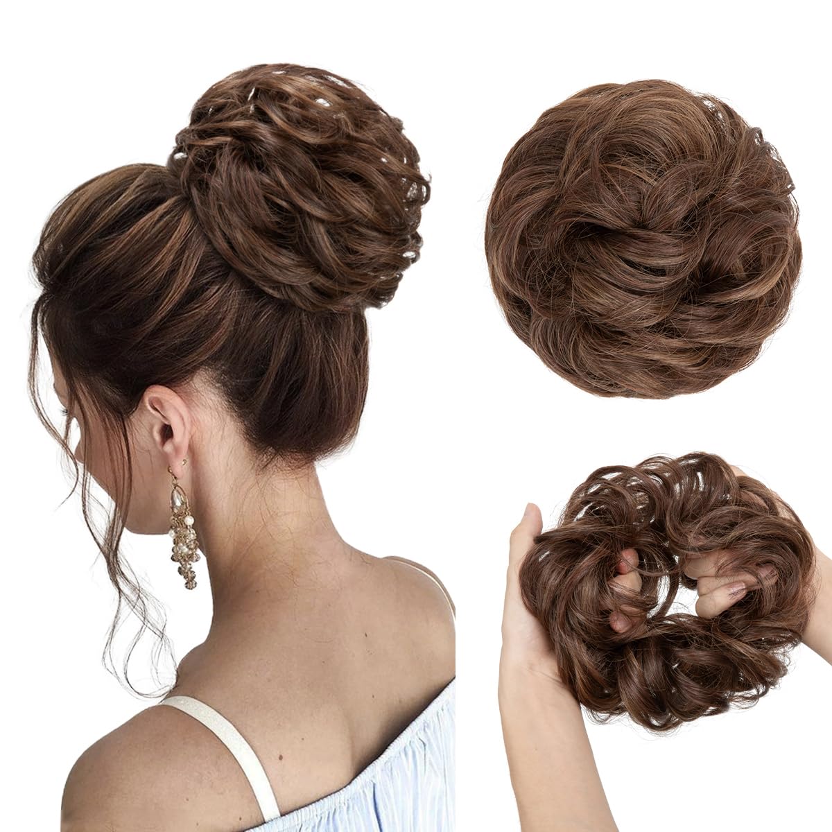 Large Messy Bun Hair Piece - Wavy Curly Synthetic Chignon Ponytail Extensions | Thick Updo in Light Auburn