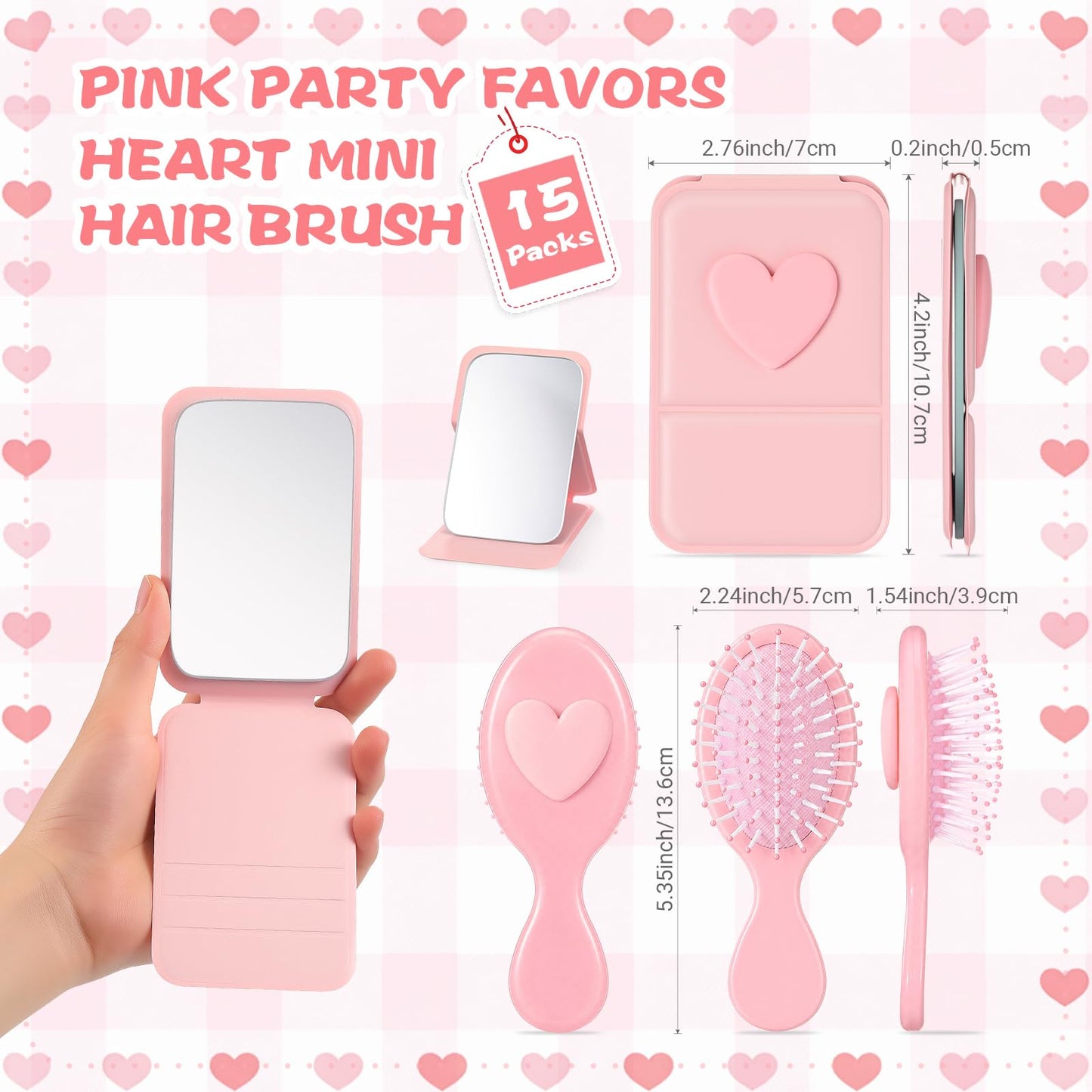 Amyhill 30 Pcs Coquette Heart Party Favor Compact Mirror Mini Hair Brush Travel Detangling Brush Bulk Preppy Heart Gift for Women Birthday Bridal Shower Bachelorette Graduation Party Supplies(Pink)