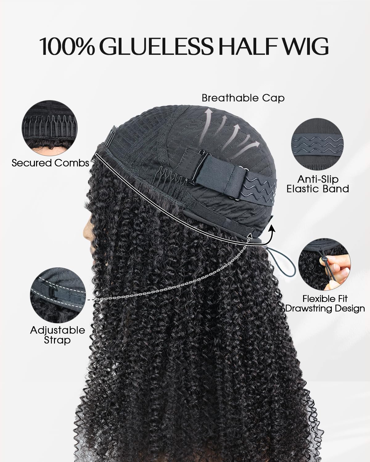 Kinky Curly Half Wig - 200% Density Human Hair | Glueless 3-in-1 Flip Over Headband Wig for Women - 16 Inch