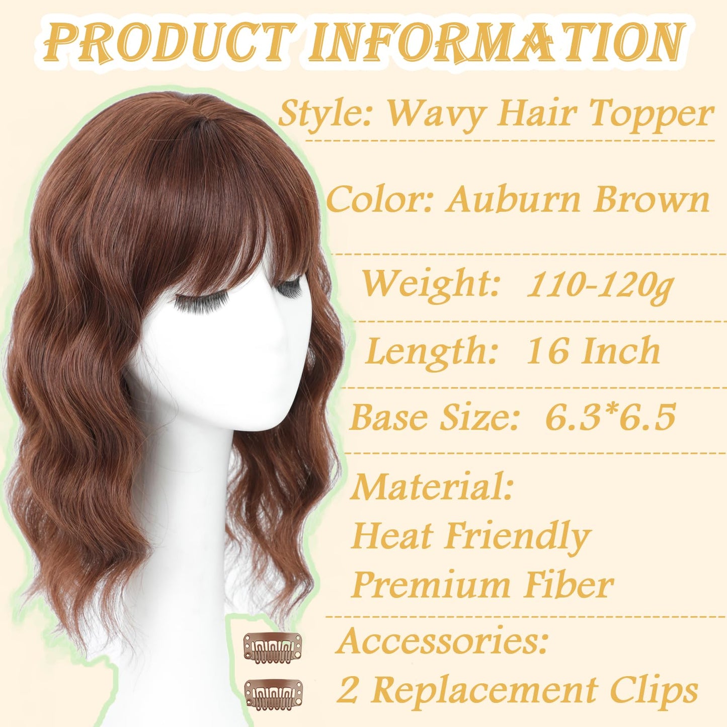 16 Inch Hair Topper for Women with Thinning Hair, Synthetic Curly Wavy Clip-In Topper with Wispy Bangs Natural Looking Crown Coverage Lightweight Hair Piece for Volume(Auburn Brown)