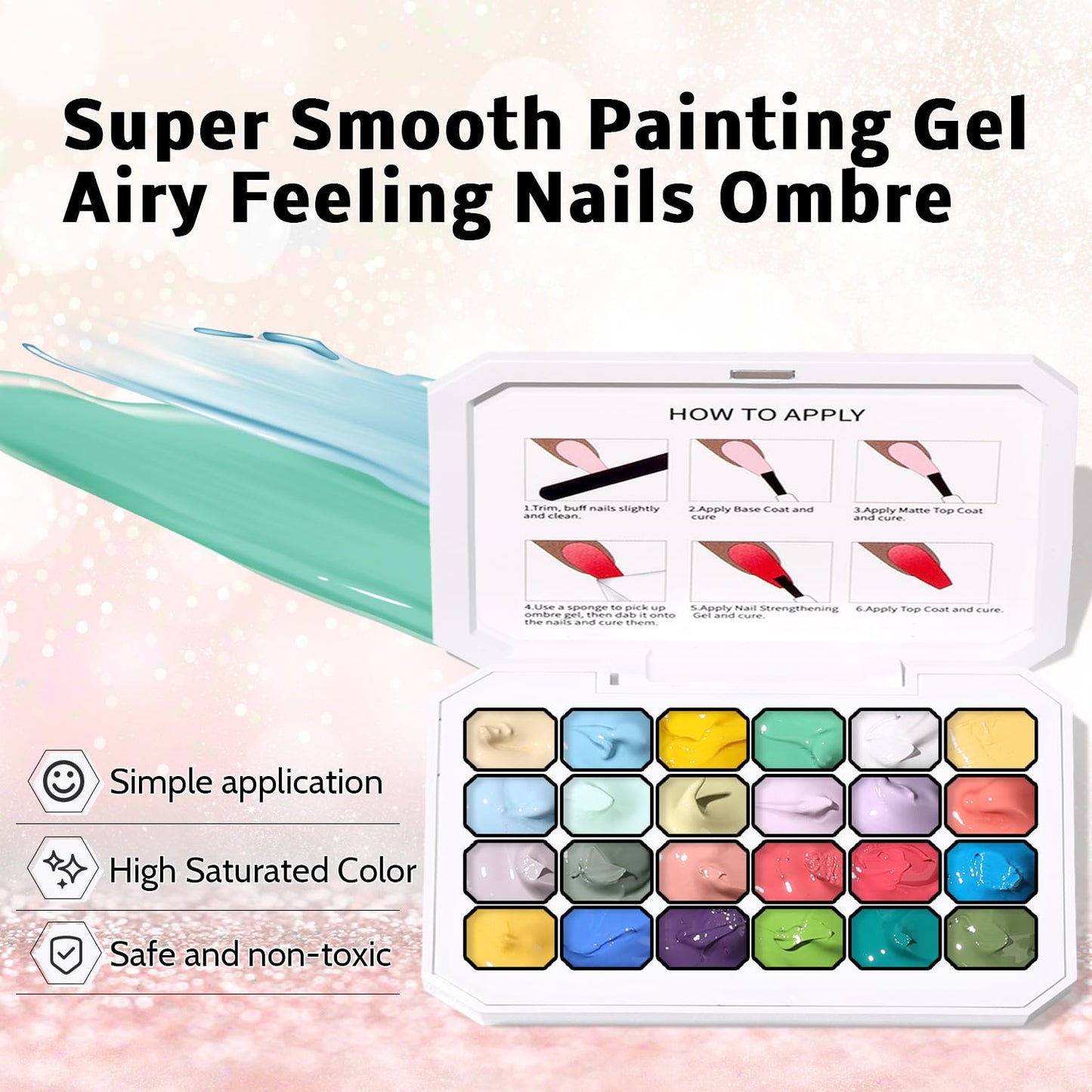 Sponges Pat Gel Nail Polish Palette, 24 Colors Blending Ombre Gel Polish Patting Gradient Painting Nails Art, No Wipe, UV/LED Cured, 100Sponges 1Grabber (Set A)