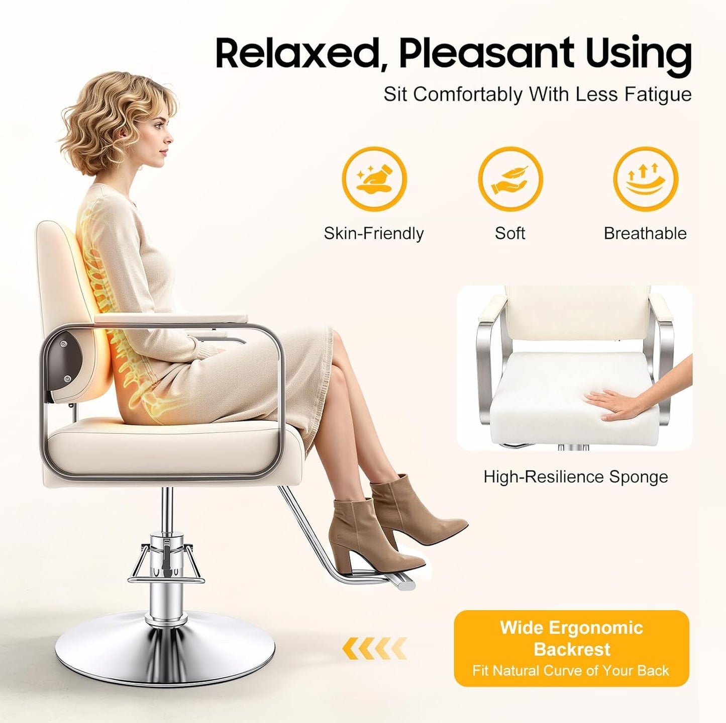 Salon Barber Chair - Hydraulic Pump & 360° Swivel | Adjustable Height Off-White & Silver Styling Chair for Barbershop & Home