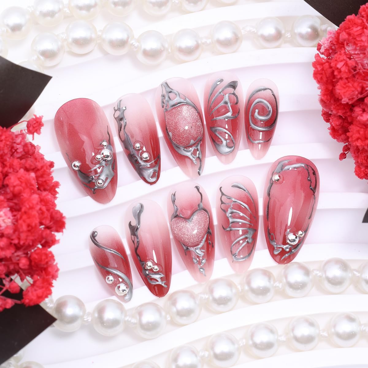 24Pcs Red Press on Nails Medium Almond Y2k Fake Nails with Silver Beads Irregular Chrome Lines Designs Red Artificial Nails Gothic Metallic Acrylic False Nails Full Cover Stick on Nails for Women
