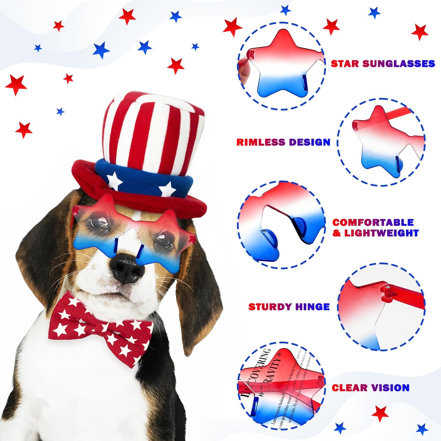 Star Glasses 3 PCS for Women Men, USA Red White Blue Rimless Star Shaped SunGlasses Accessories-One Size Fits All, Patriotic 4th of July Party Outfit for Beach Pool Birthday Party Favors Gifts