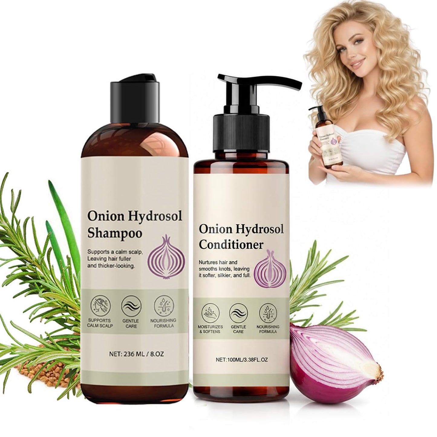 Onion Hydrosol Shampoo and Conditioner Set for Hair Growth, With Rosemary & Biotin, Strengthens Weak Hair, Adds Volume & Shine, Safe for All Hair Types, Men & Women (2 Pack)