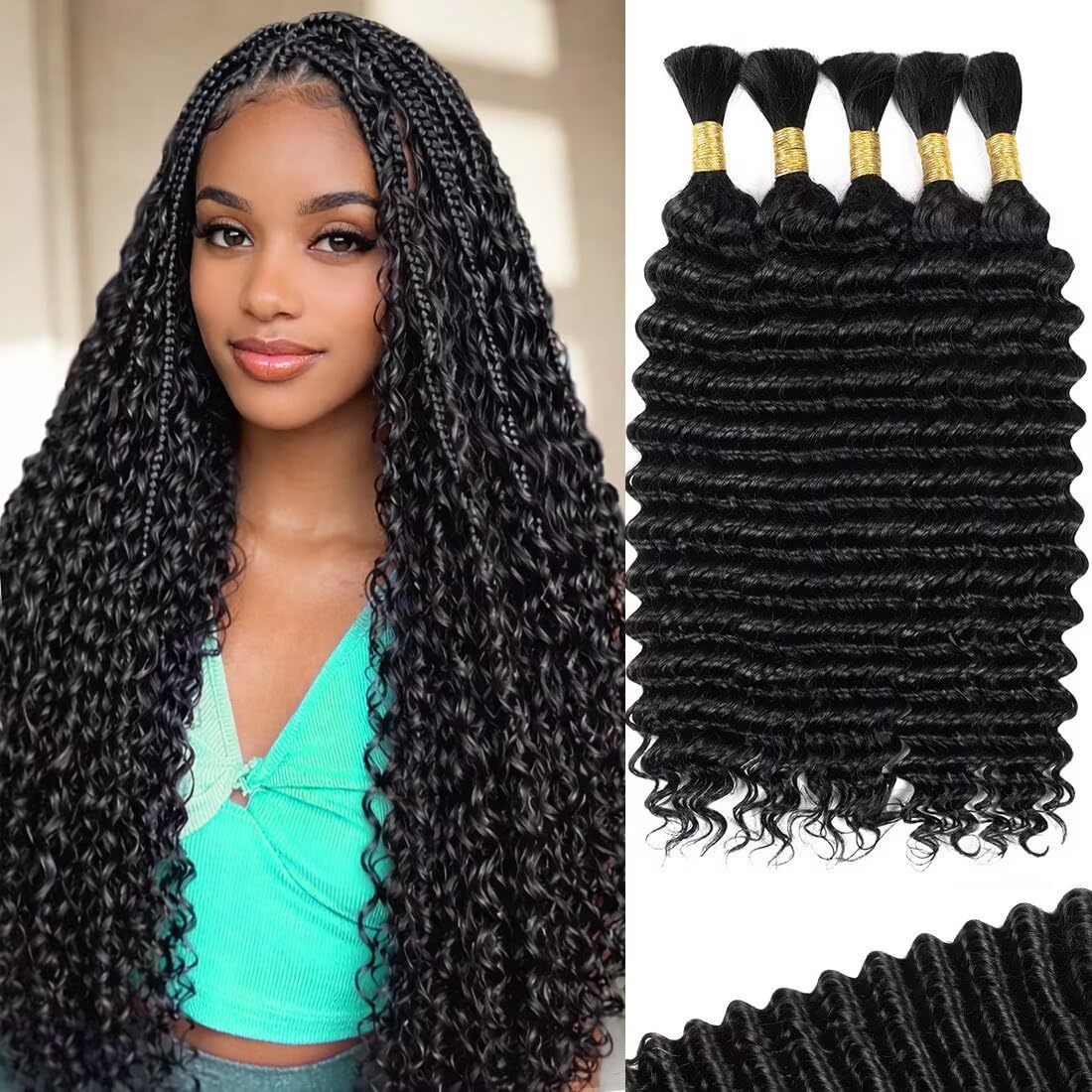 Human Braiding Hair - Deep Water Wave 16 Inch Curly Extensions | 5 Bundles P4/27 for Boho Braids