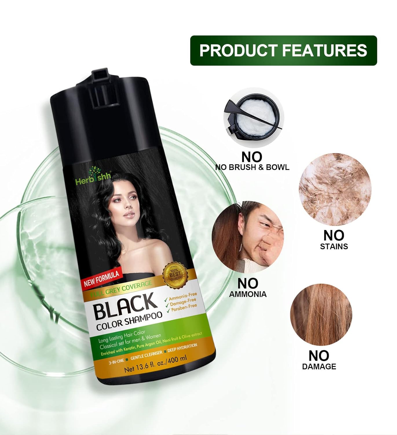 Herbishh Hair Color Shampoo for Gray Hair - Keratin-Enriched Formula for Full Coverage | Black (400ml)