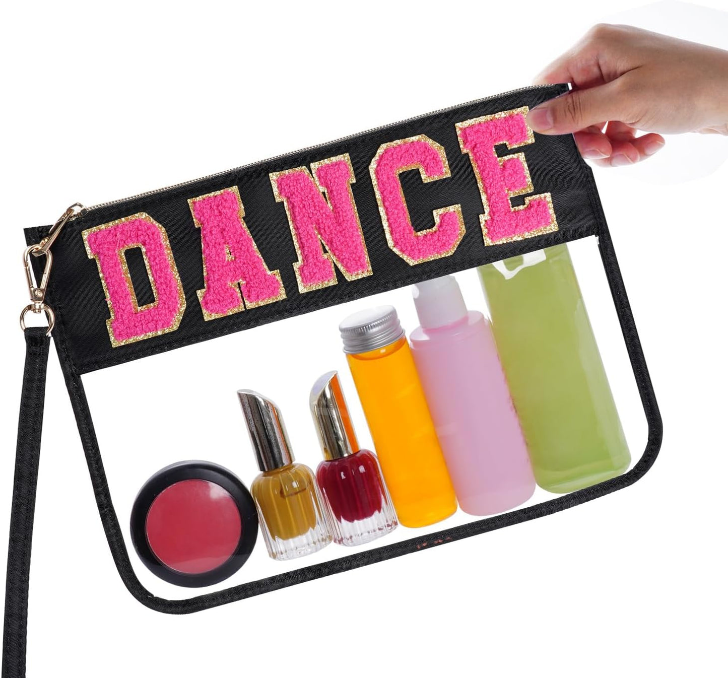 Chenille Letter Bag - Multi-Purpose Nylon Cosmetic Bag with Zipper | Travel & Gym Pouch (Black-Dance)