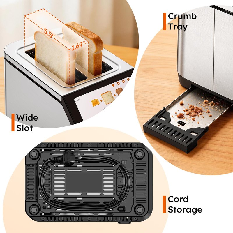 Smart Toaster 2 Slice Wide Slot LCD Touch Screen, Stainless Steel Toaster with Memory Function, 10 Bread Types & 6 Shade Settings, Fast Even Toast, Removable Crumb Tray, 900W