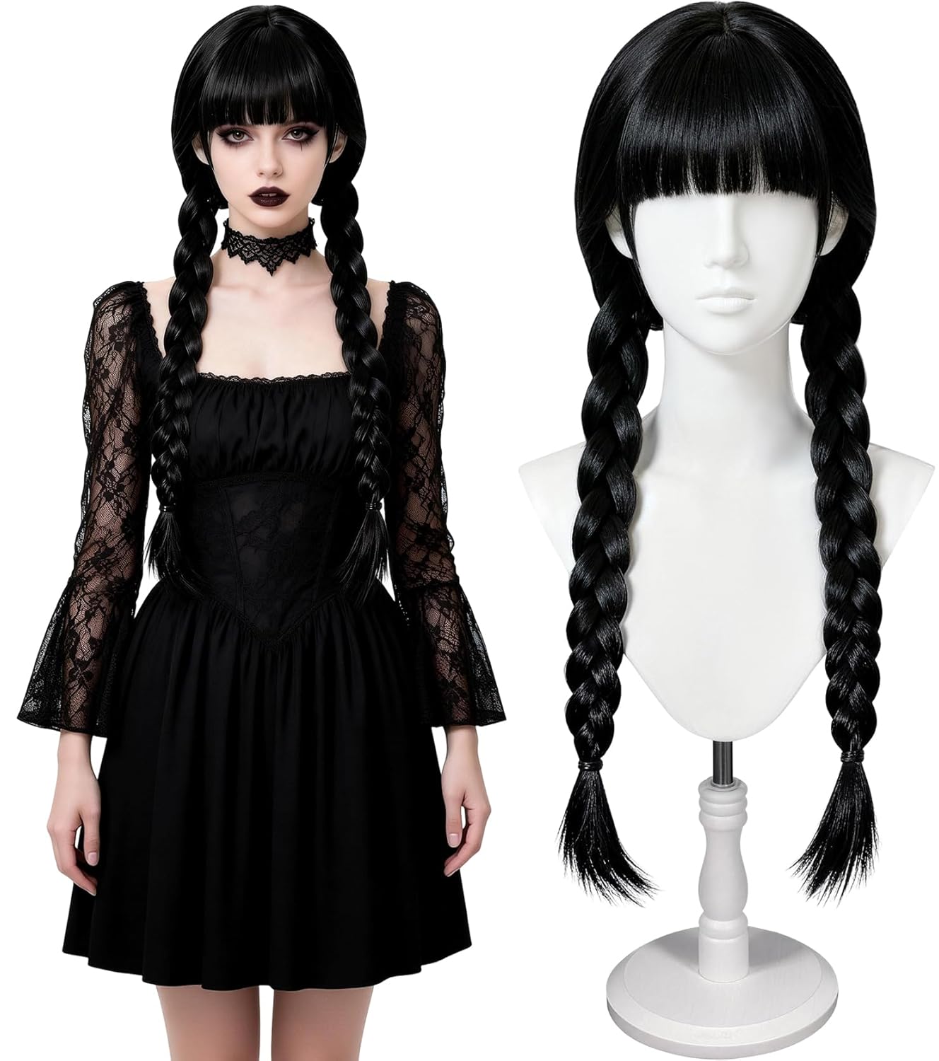 Women's Gothic Black Braided Wig - Long Straight Twin Ponytail Synthetic Fiber for Halloween & Party Costumes
