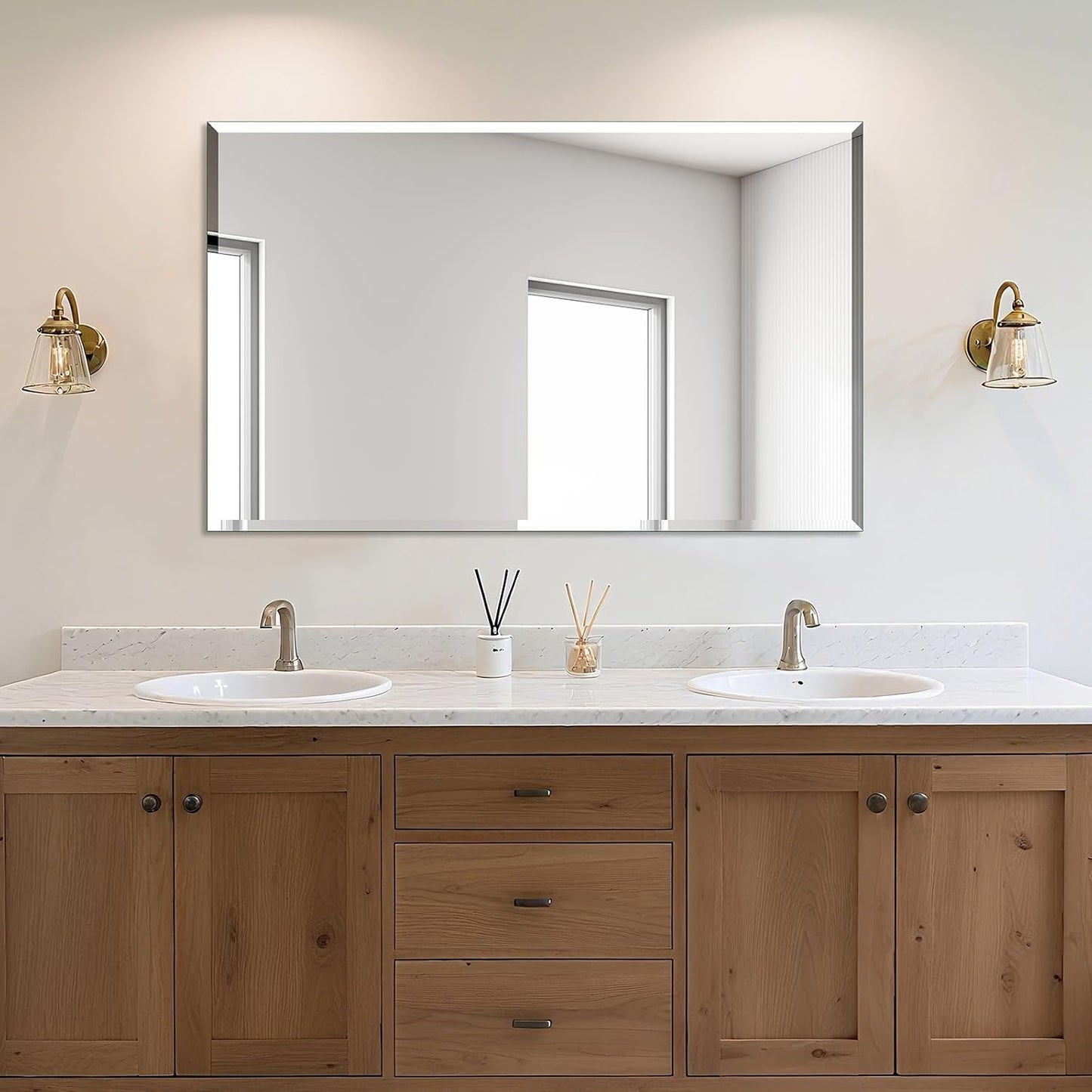 Frameless Bathroom Mirror - Rectangle Beveled Edge, Shatterproof Tempered Glass | 24" x 16" for Versatile Hanging