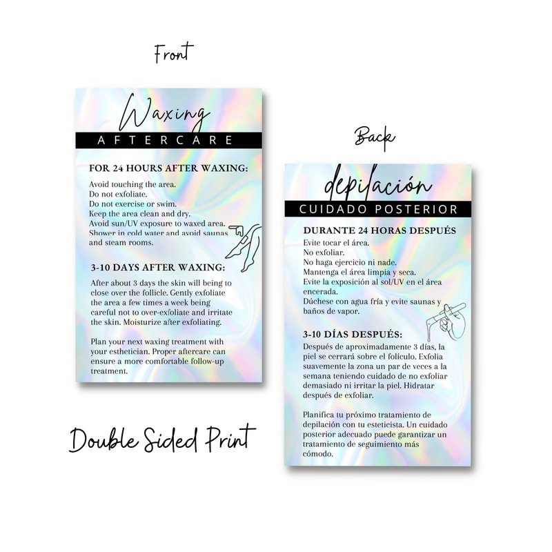 Bilingual Spanish Hair Waxing Aftercare Instruction Cards | 50 pk 2x3.5” Hair Removal and English Depilación Español e Inglés Cuidados Posteriores Modern Wallet Size