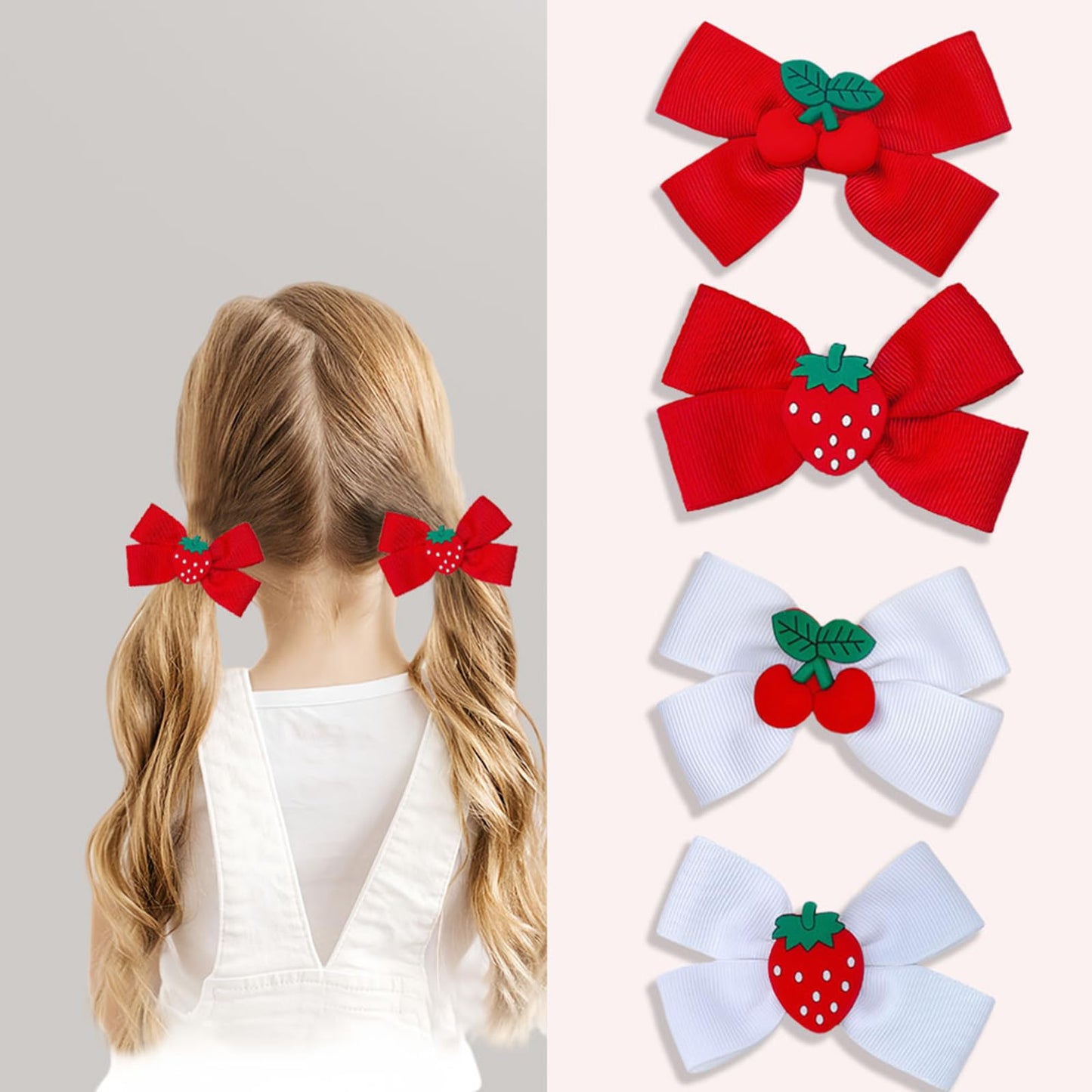 ZOONAI 2Pcs Cute Cherry Strawberry Hair Clips for Baby Girls, Sweet Bowknot Boutique Hair Clip Teens Toddlers Christmas Halloween Headwear Hair Accessories